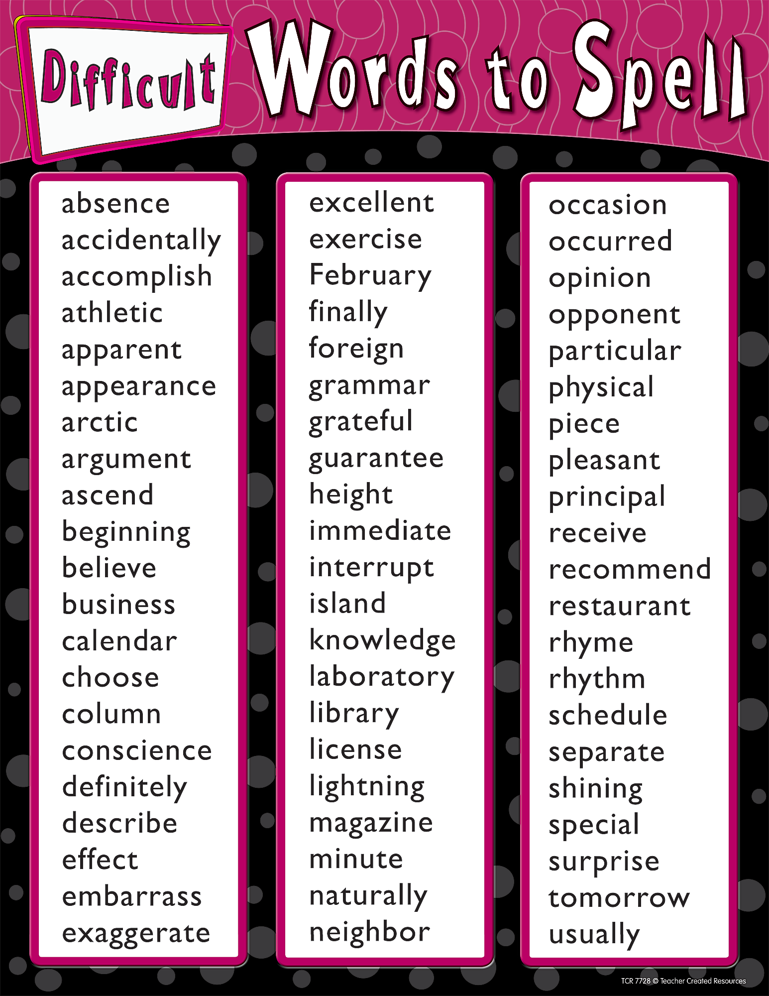 Difficult Words To Spell Chart TCR7728 Teacher Created Resources