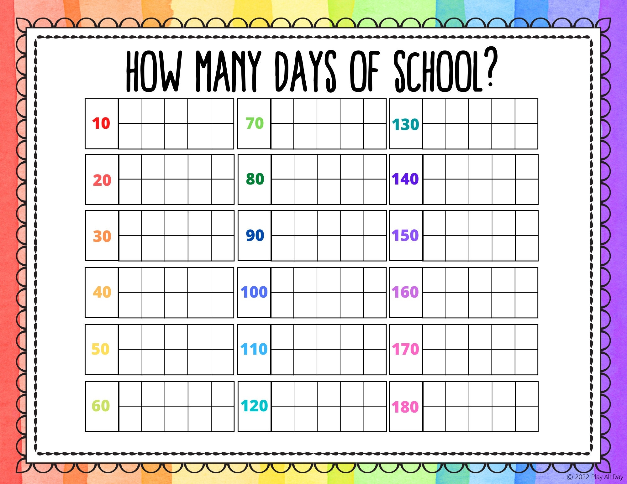 DIGITAL DOWNLOAD Rainbow Days Of School Counting Chart Poster 100 Days Of School Printables Ten Frame Poster Homeschool Etsy