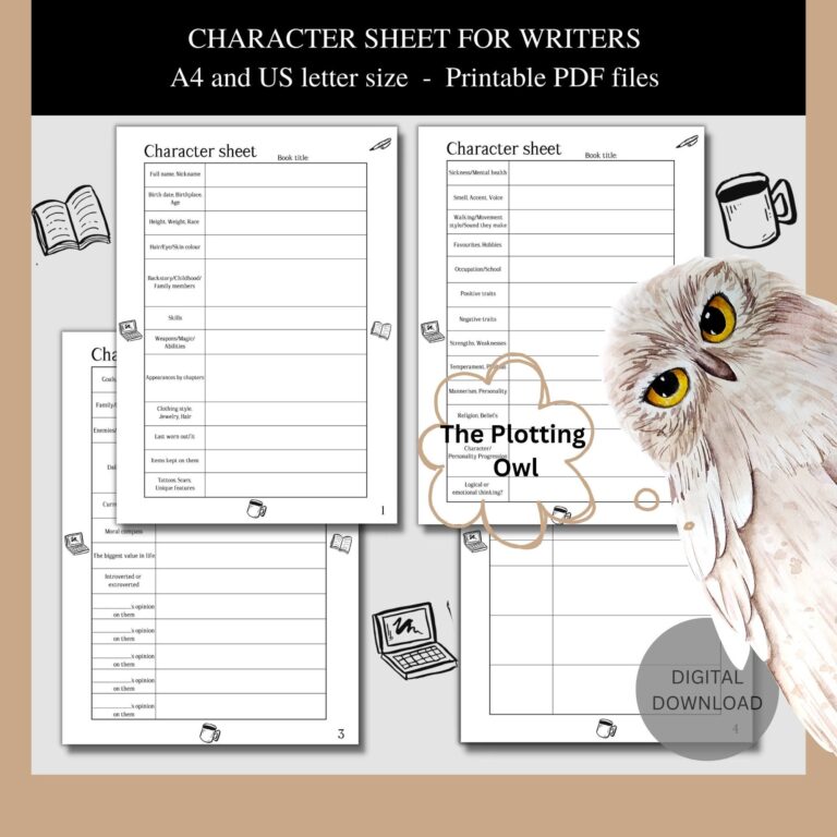 Digital Printable Character Sheet For Writers Authors Planner Description Tracker Builder Template Creative Writing Book Novel Outline List Etsy