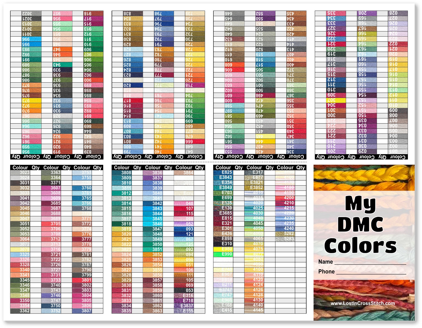 Cross Stitch Floss Color Charts Printable