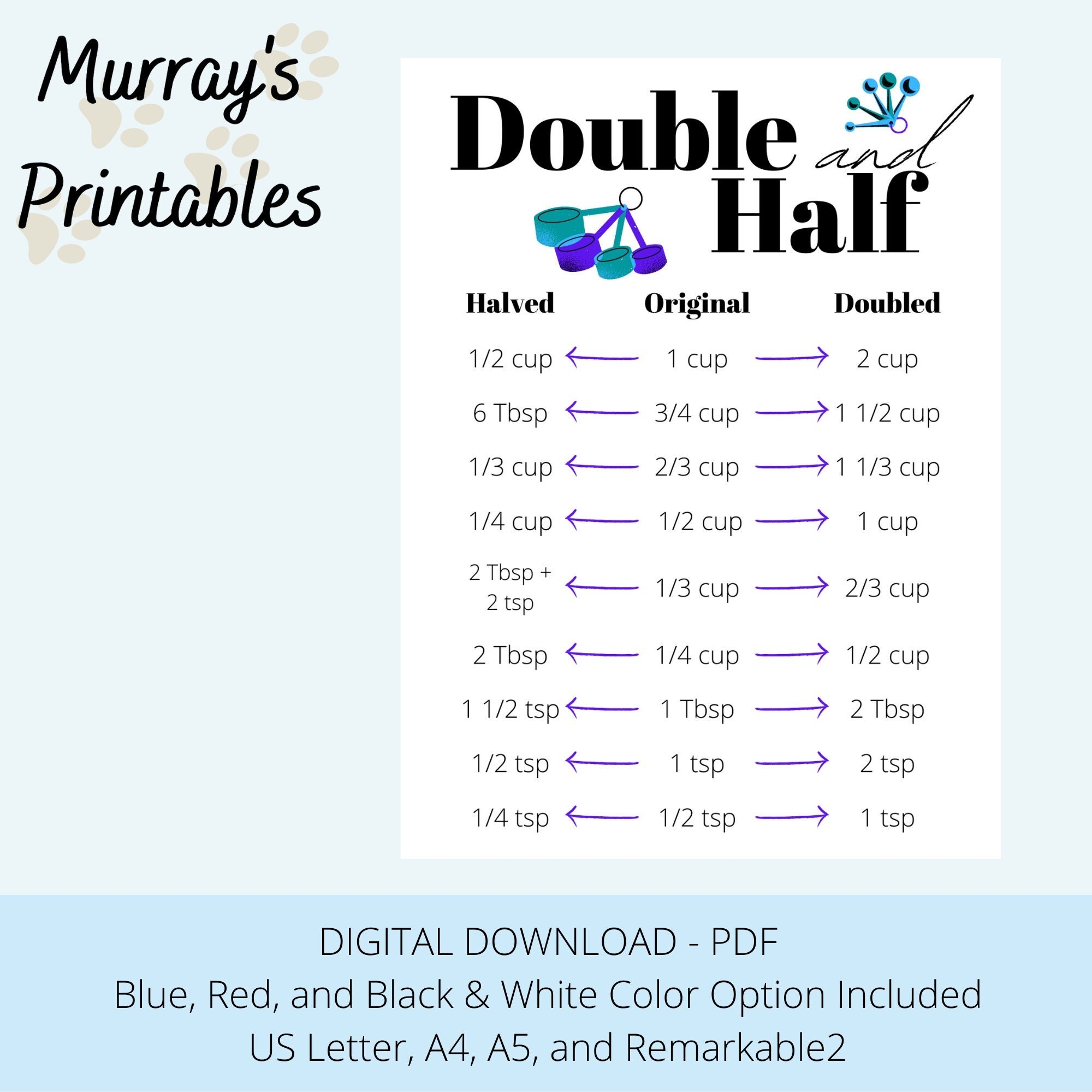 Double Or Half Recipe Conversion Chart Printable A4 A5 US Letter Remarkable 2 Etsy
