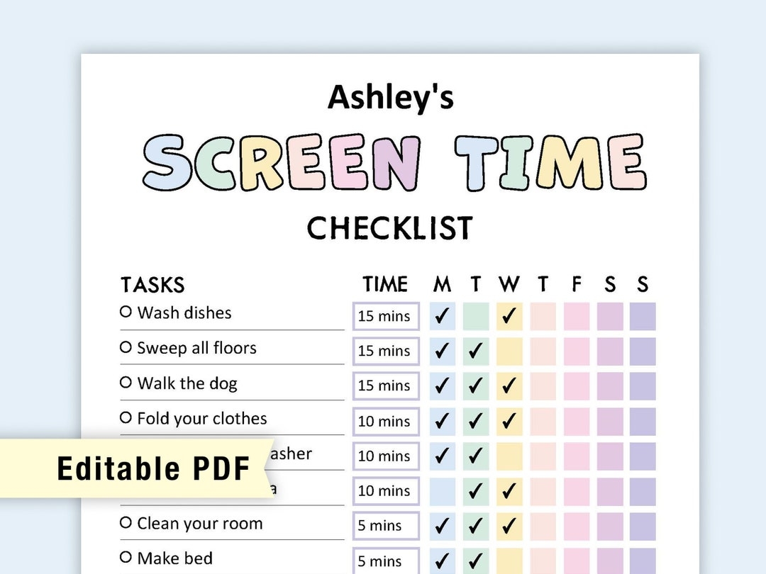 Editable Screen Time Chart Kids Printable Digital Screen Time Chore Chart Kids Chore Checklist Chore List Screen Time Tracker PDF Etsy