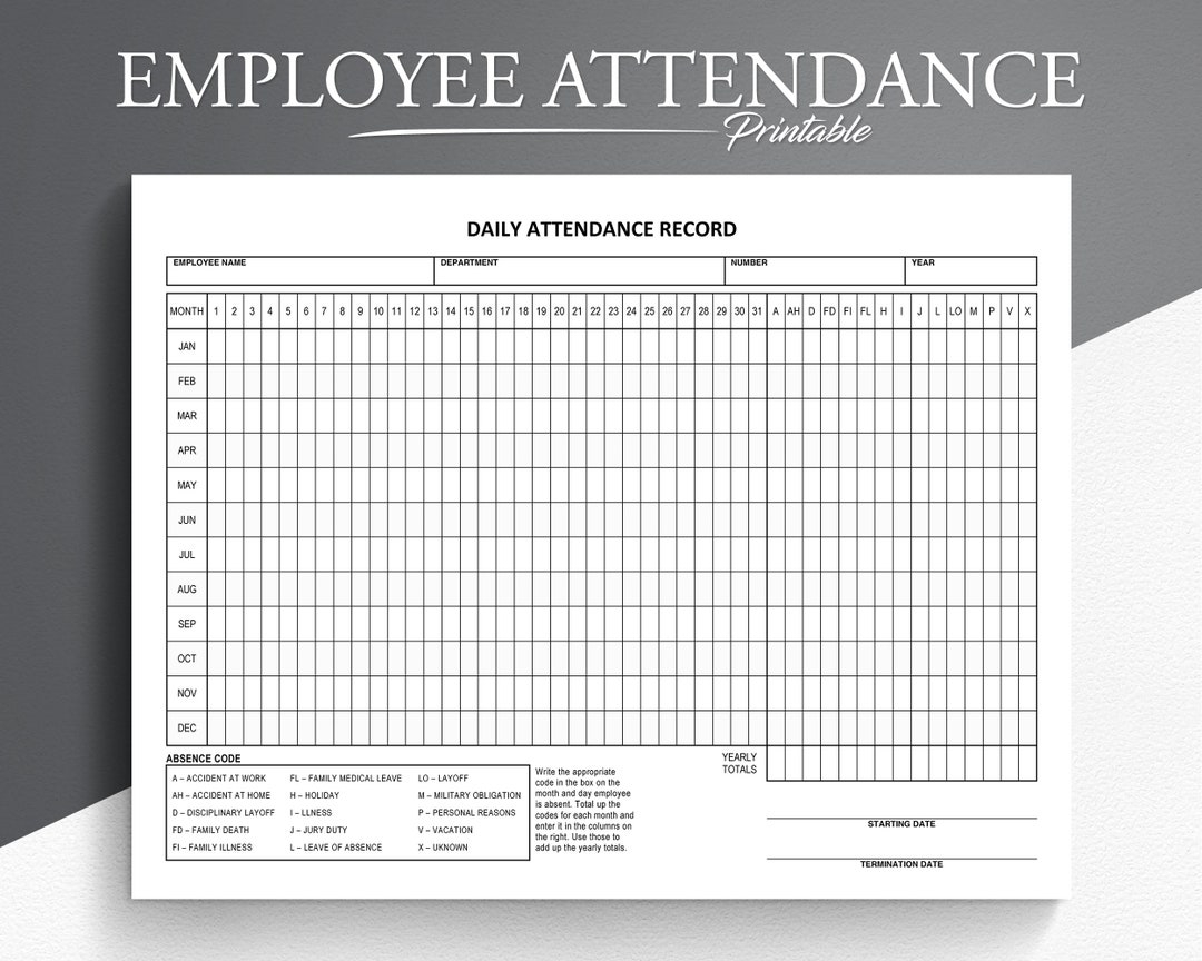 Employee Attendance Tracker Printable Absence Log PDF Etsy