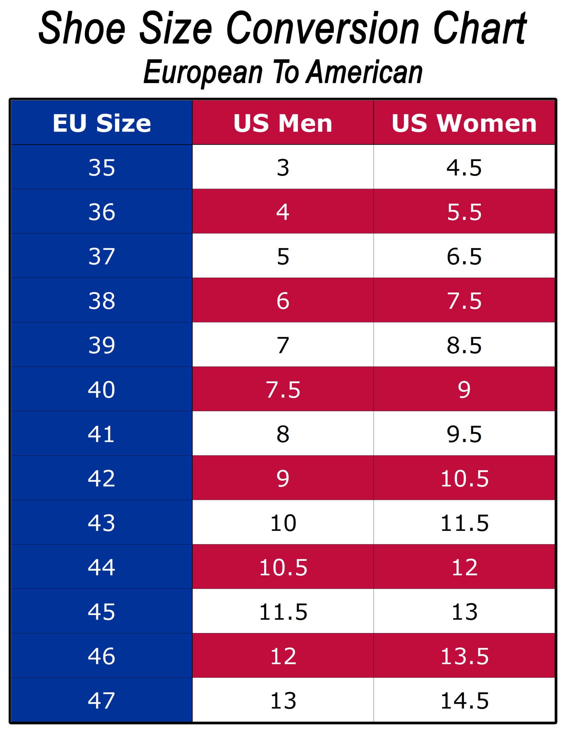 European EU To American US Shoe Size Conversion Chart Free Printable Table And PDF Printerfriendly European EU To American US Shoe Size Conversion Chart Free Printable Table And PDF Printerfriendly