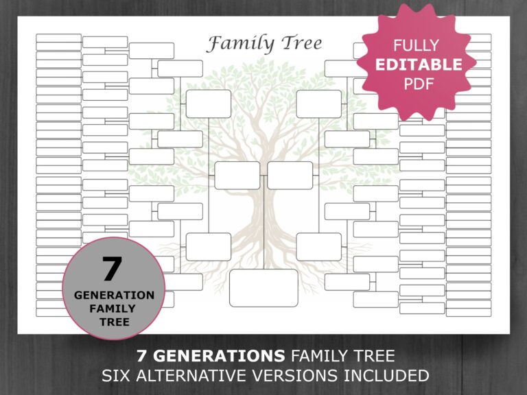 Family Tree Chart 7 Generation Printable And Editable Genealogy Template PDF Etsy Israel
