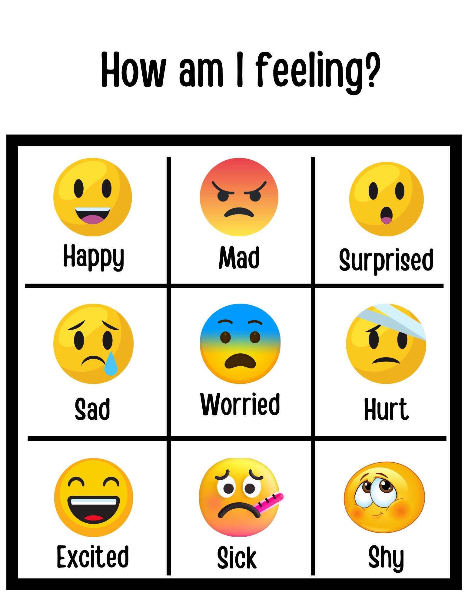 Feelings Chart How Am I Feeling Toddler Emotions Children Kids Emotions Digital Download Printable Poster Montessori Etsy