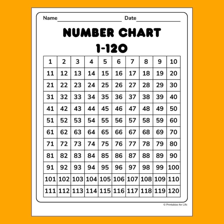 Free 1 120 Number Chart To Print For Kids