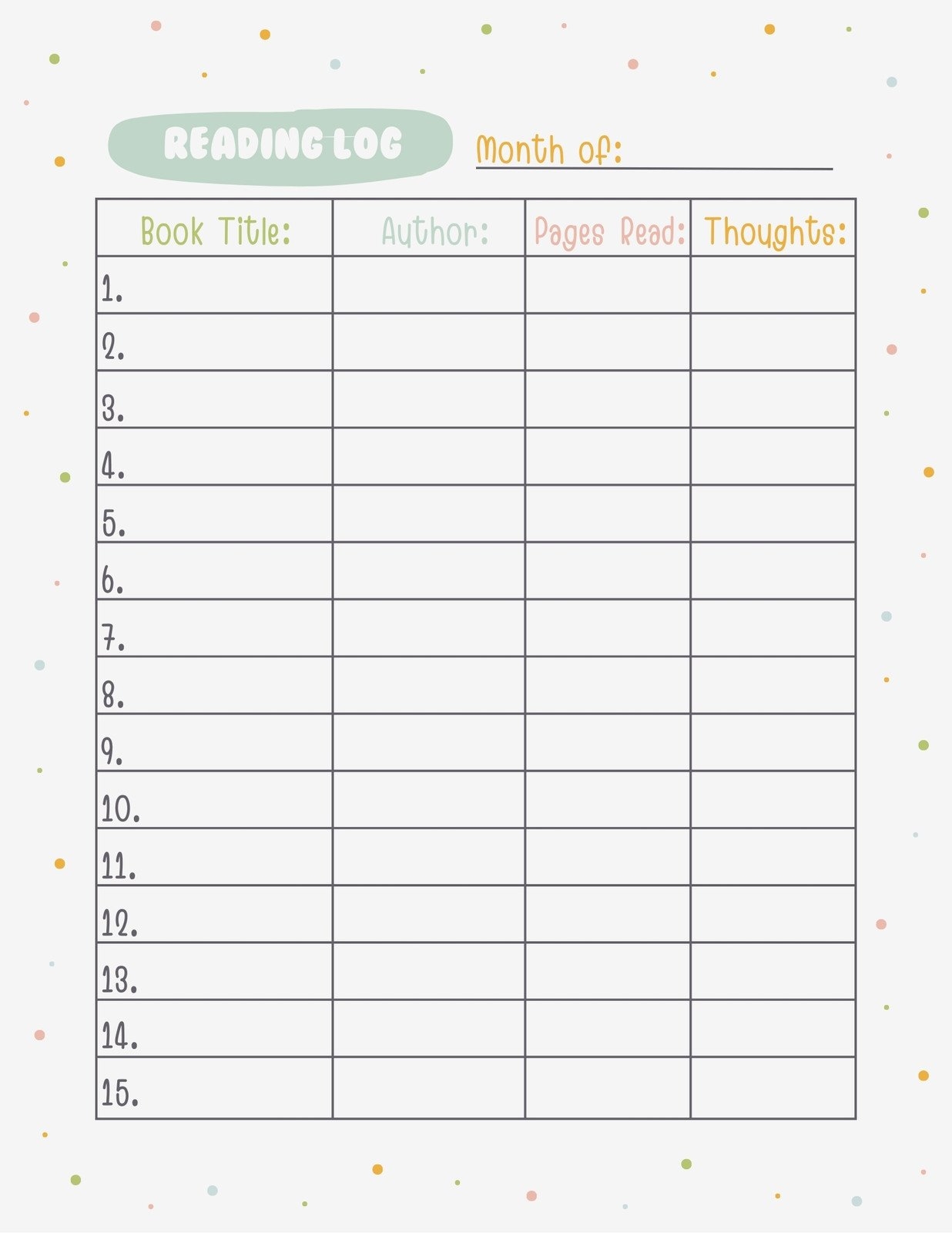 Blank Printable Reading Chart Blank Printable Reading Chart