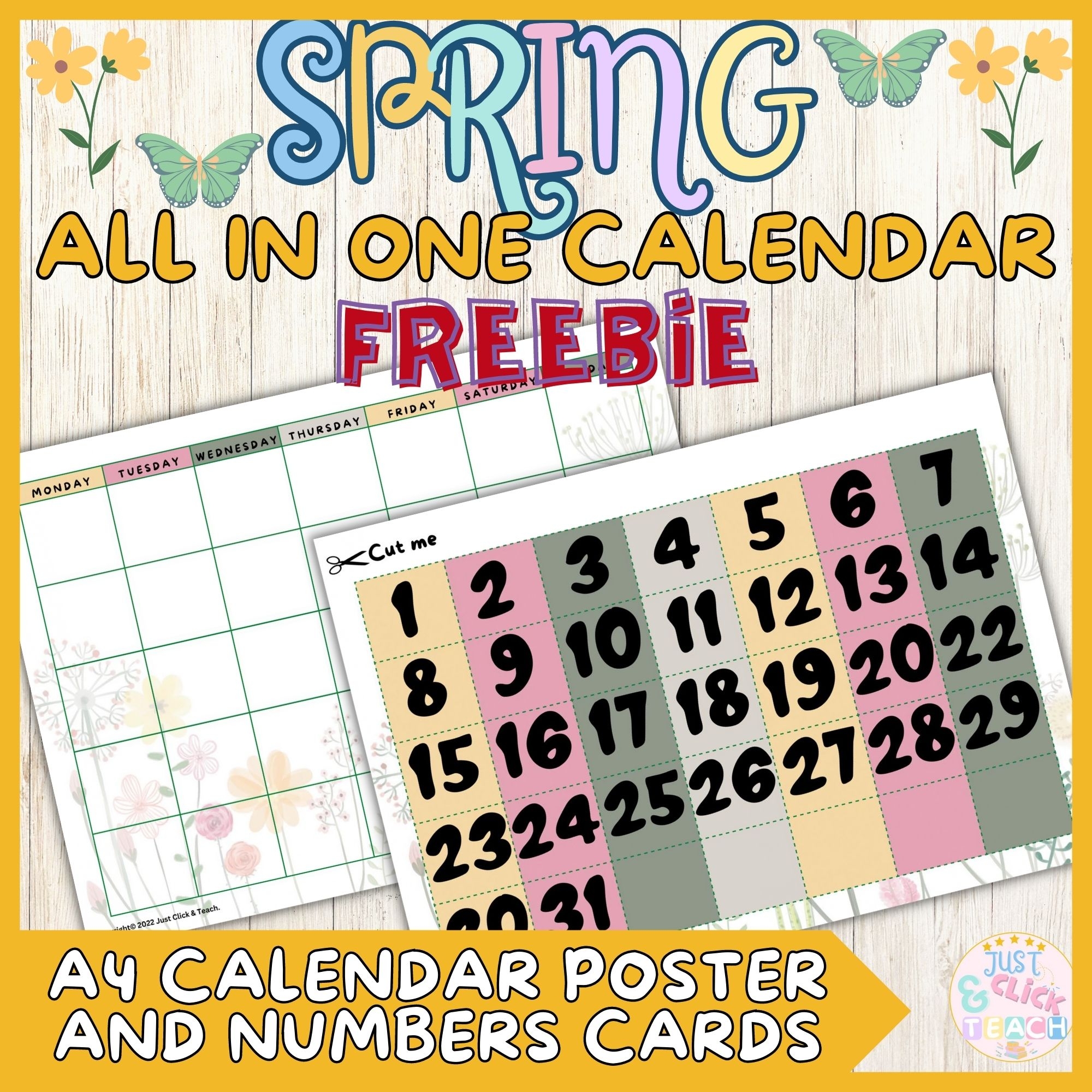 Free Calendar Poster And Numbers Cards Pocket Chart Spring And Floral Theme Made By Teachers