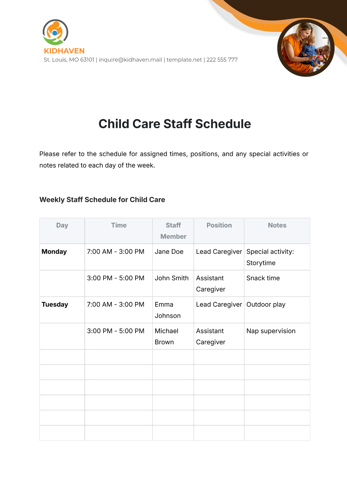 Free Child Care Staff Schedule Template To Edit Online