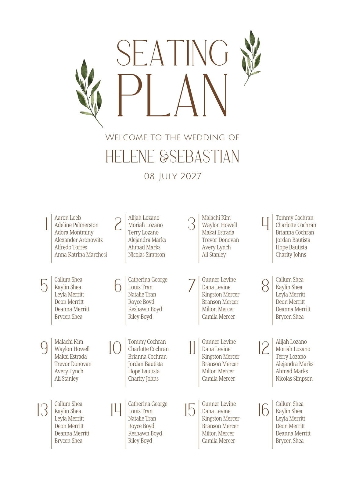 Wedding Printable Seating Chart