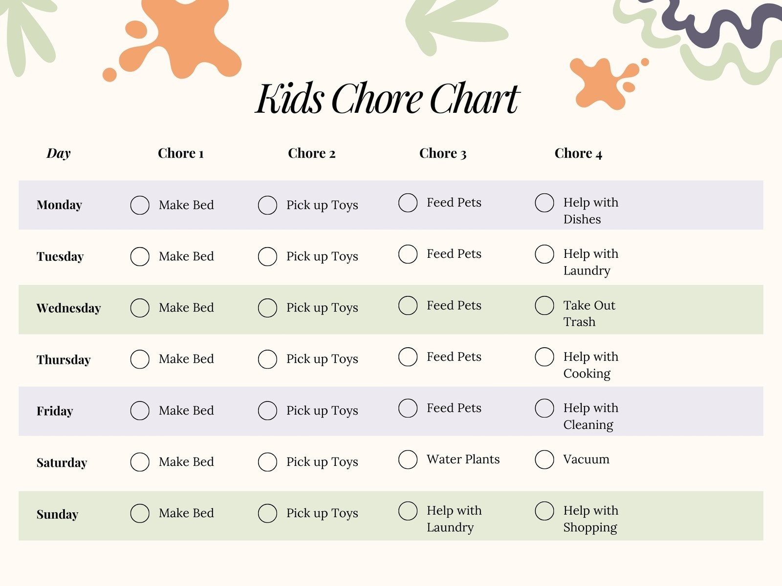 Free Customizable Chore Chart Templates To Print Canva