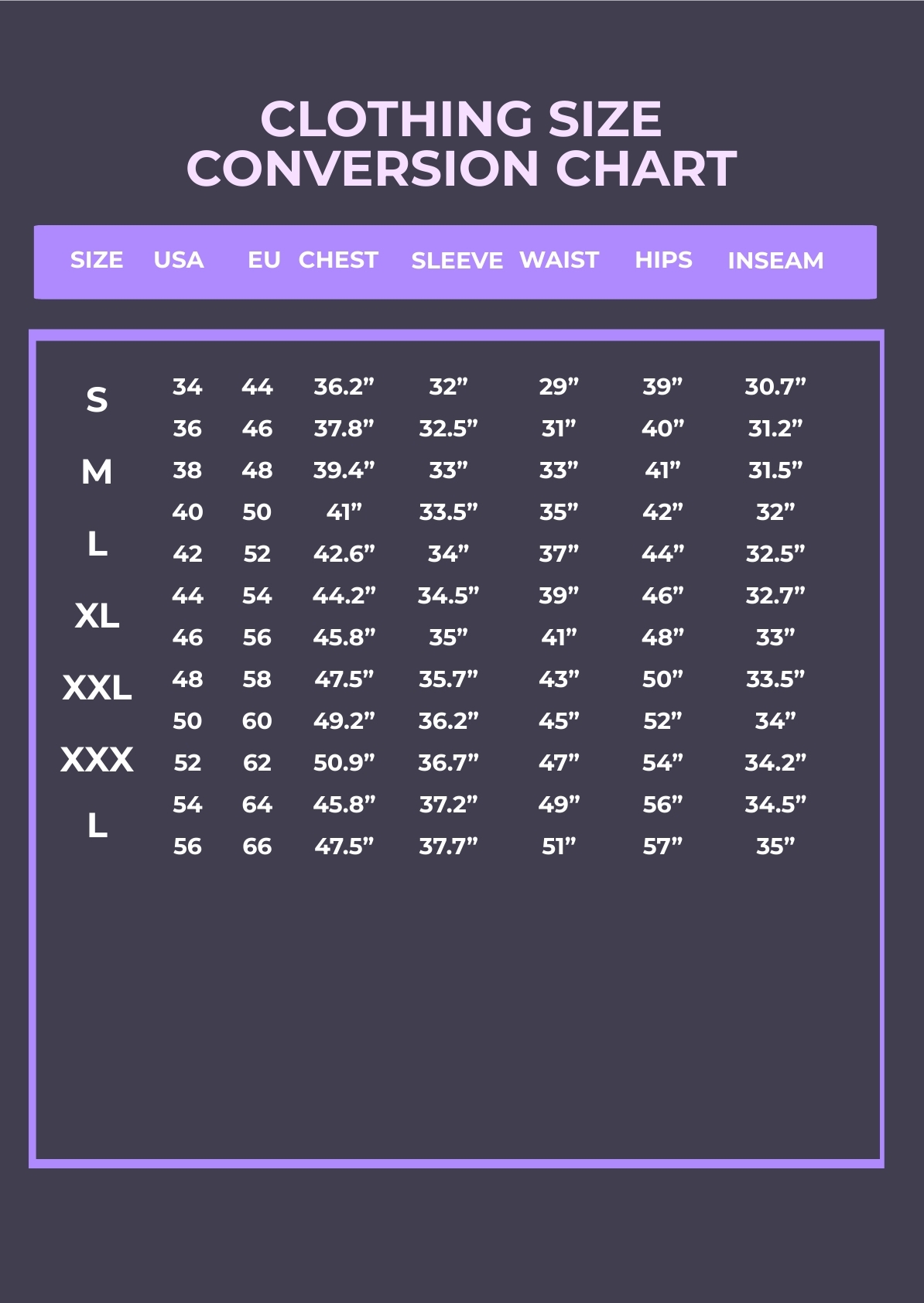 Free Dress Size Chart Templates Editable And Printable