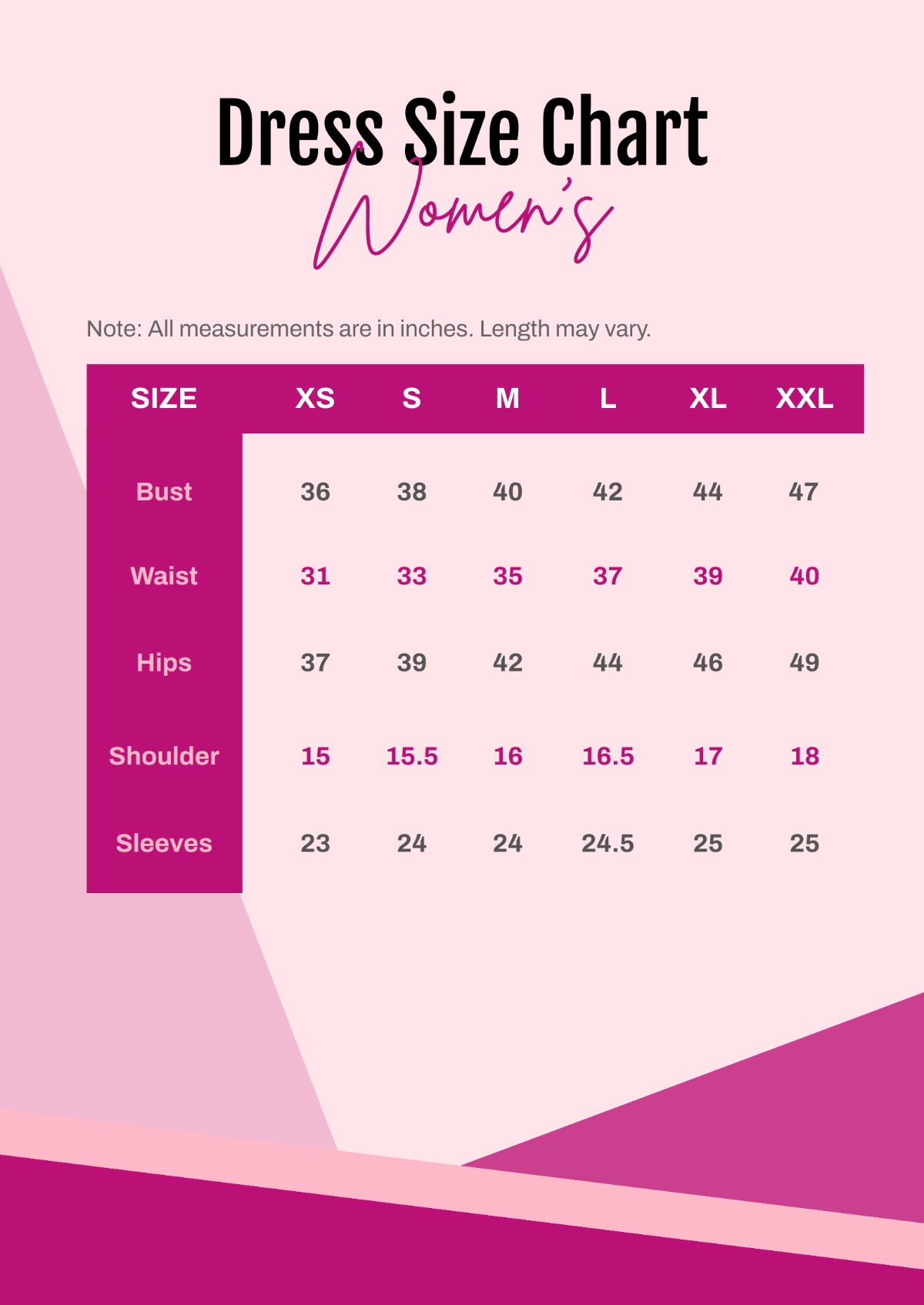 Free Dress Size Chart Women s Template To Edit Online