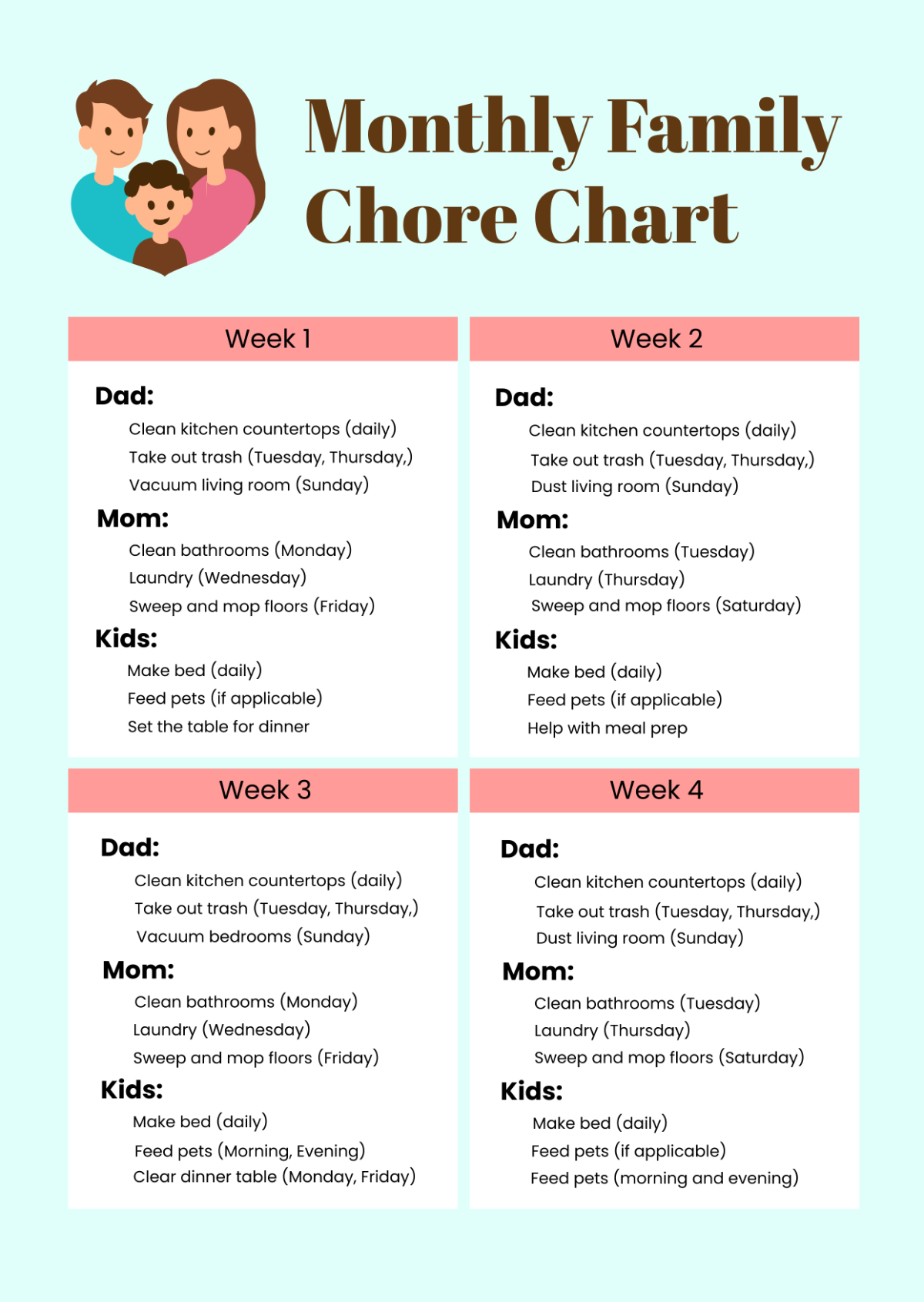 Free Monthly Family Chore Chart Template To Edit Online