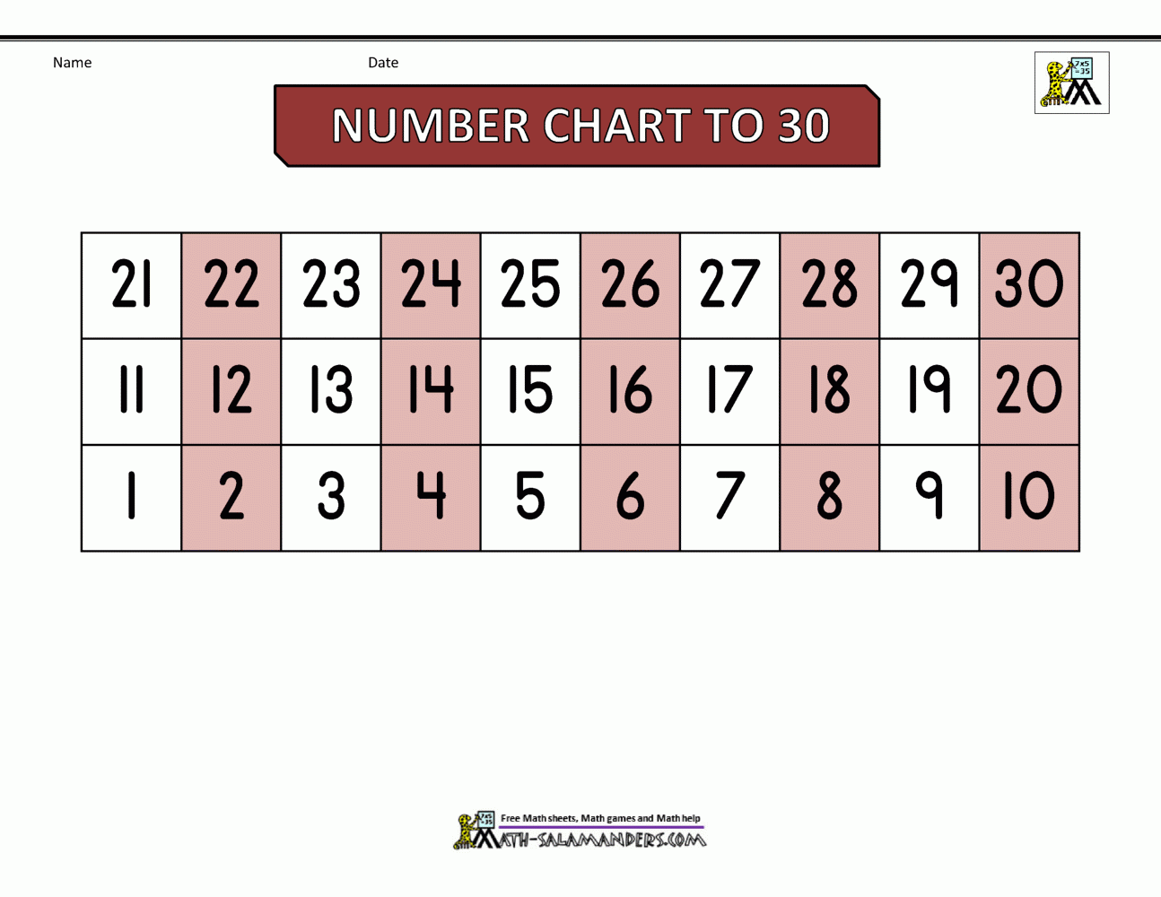 Free Number Chart 1 30 Free Number Chart 1 30