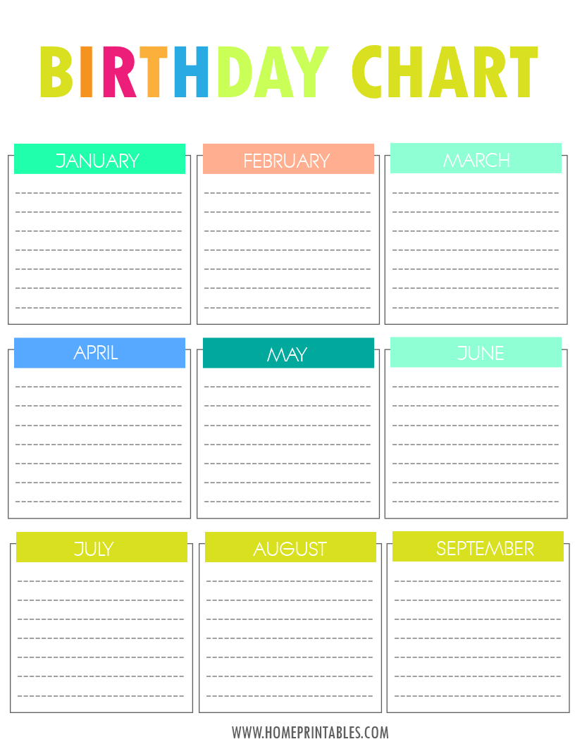 Free Printable Birthday Chart Home Printables