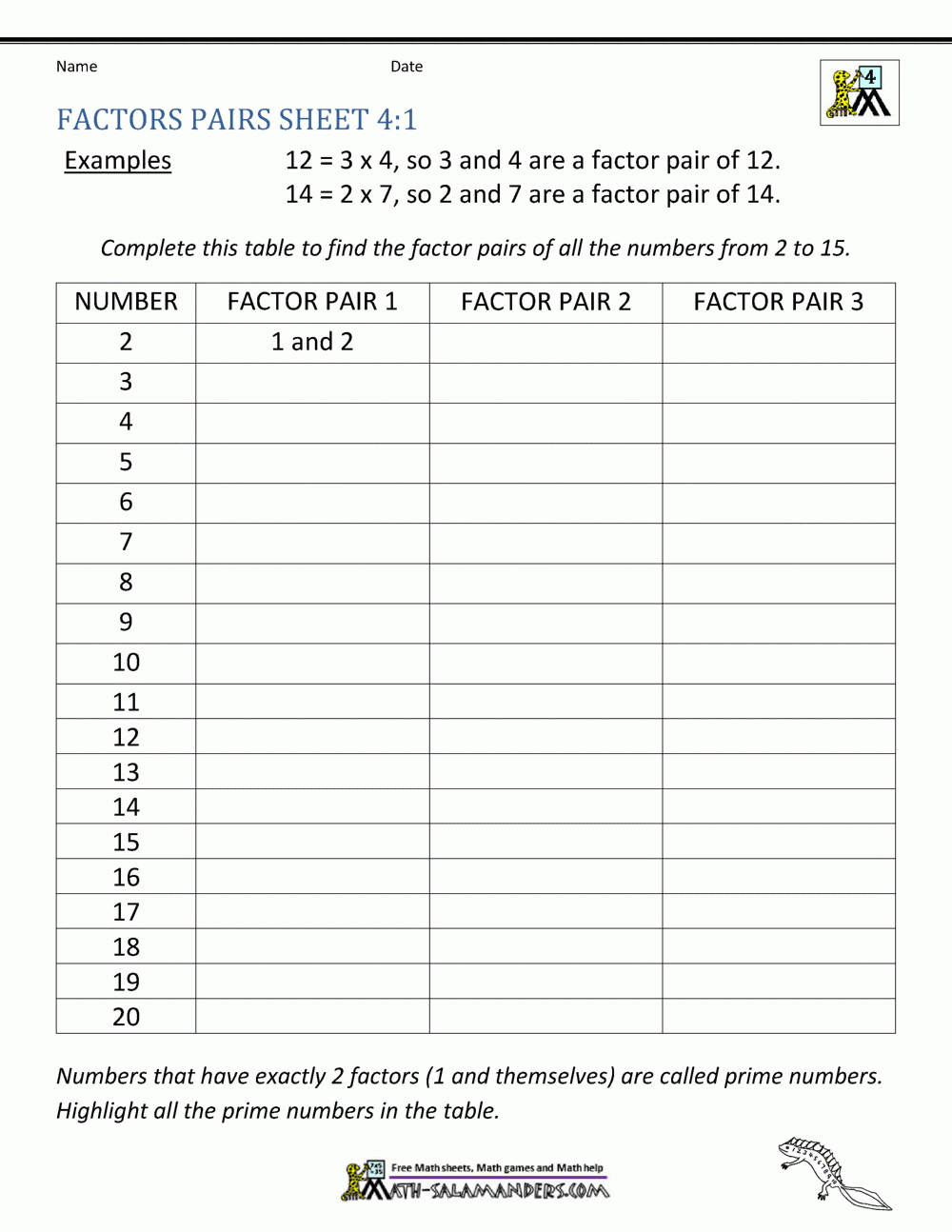 Printable Factors Chart