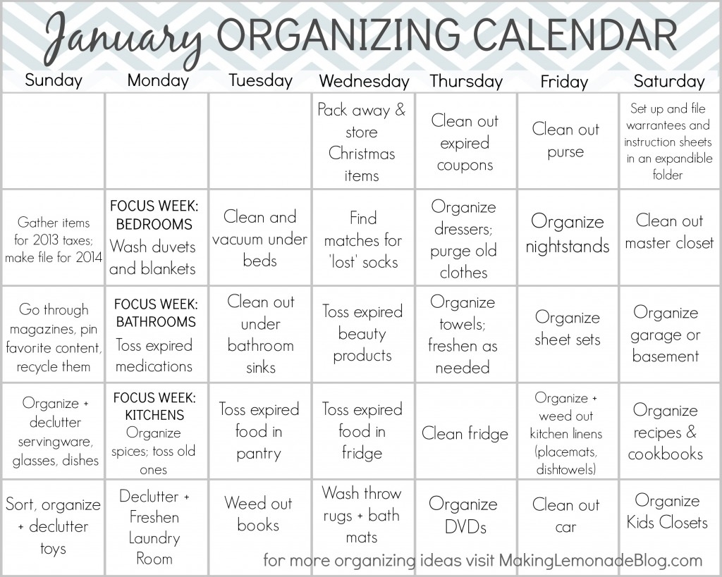 Free Printable January Organizing Calendar Making Lemonade
