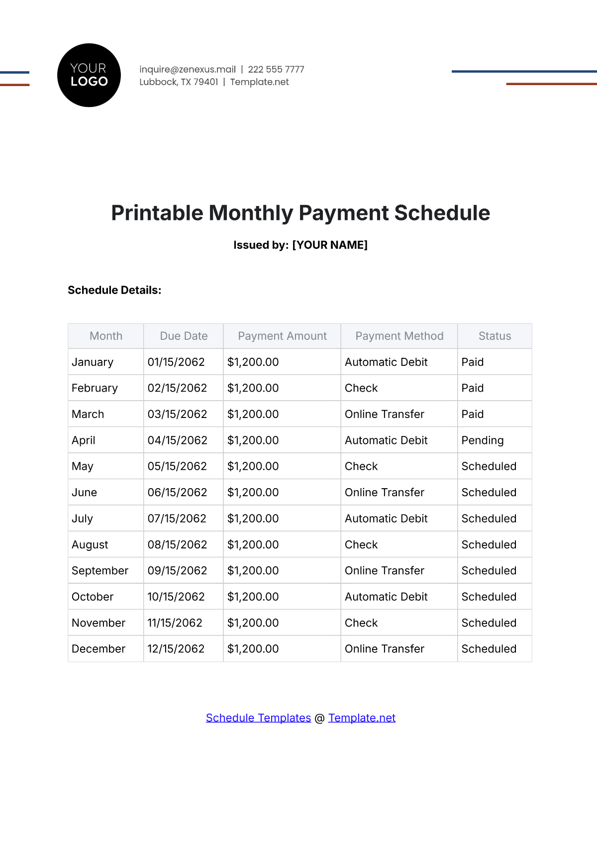 Free Printable Monthly Payment Schedule Template To Edit Online