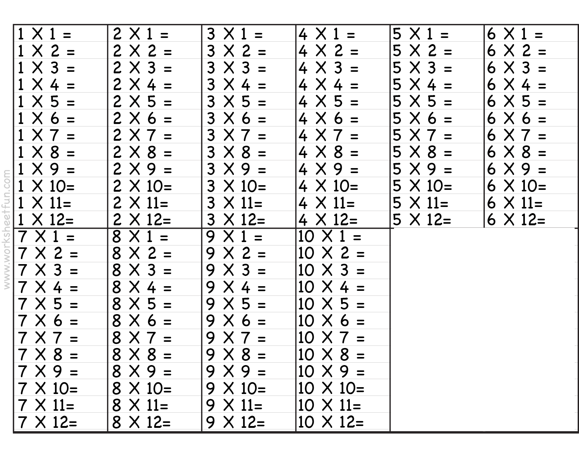Times Table Chart 1-10 Printable
