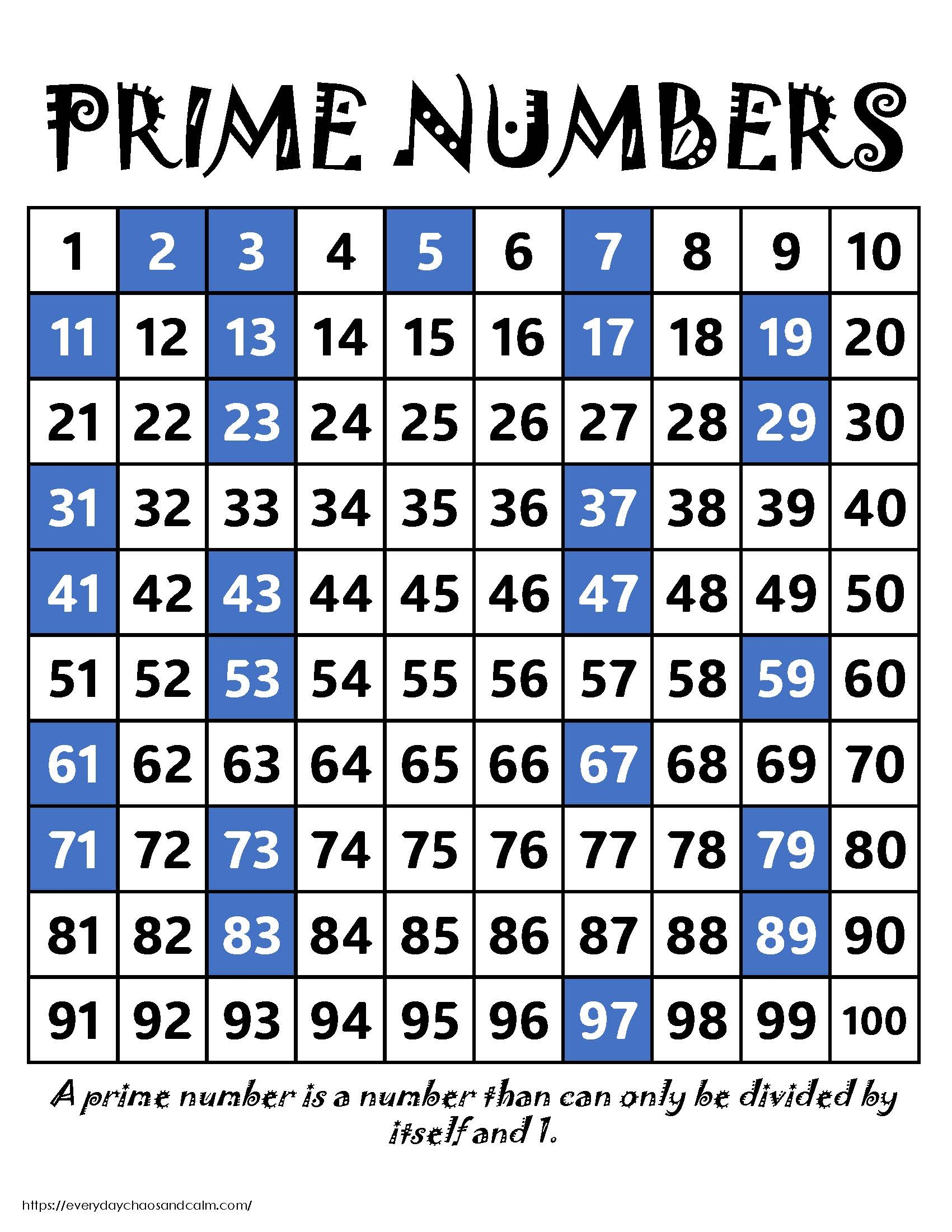 Free Printable Prime Number Charts