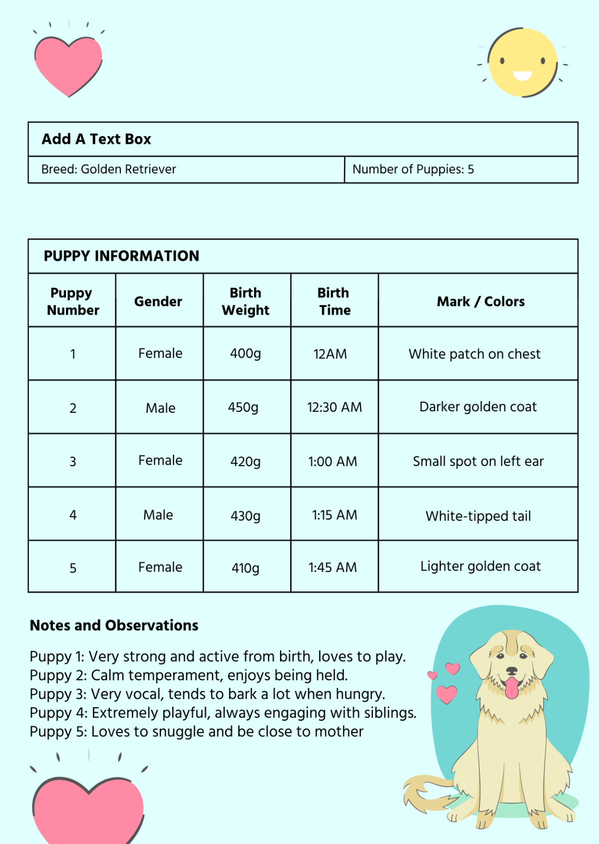 Free Puppy Birth Chart Template To Edit Online