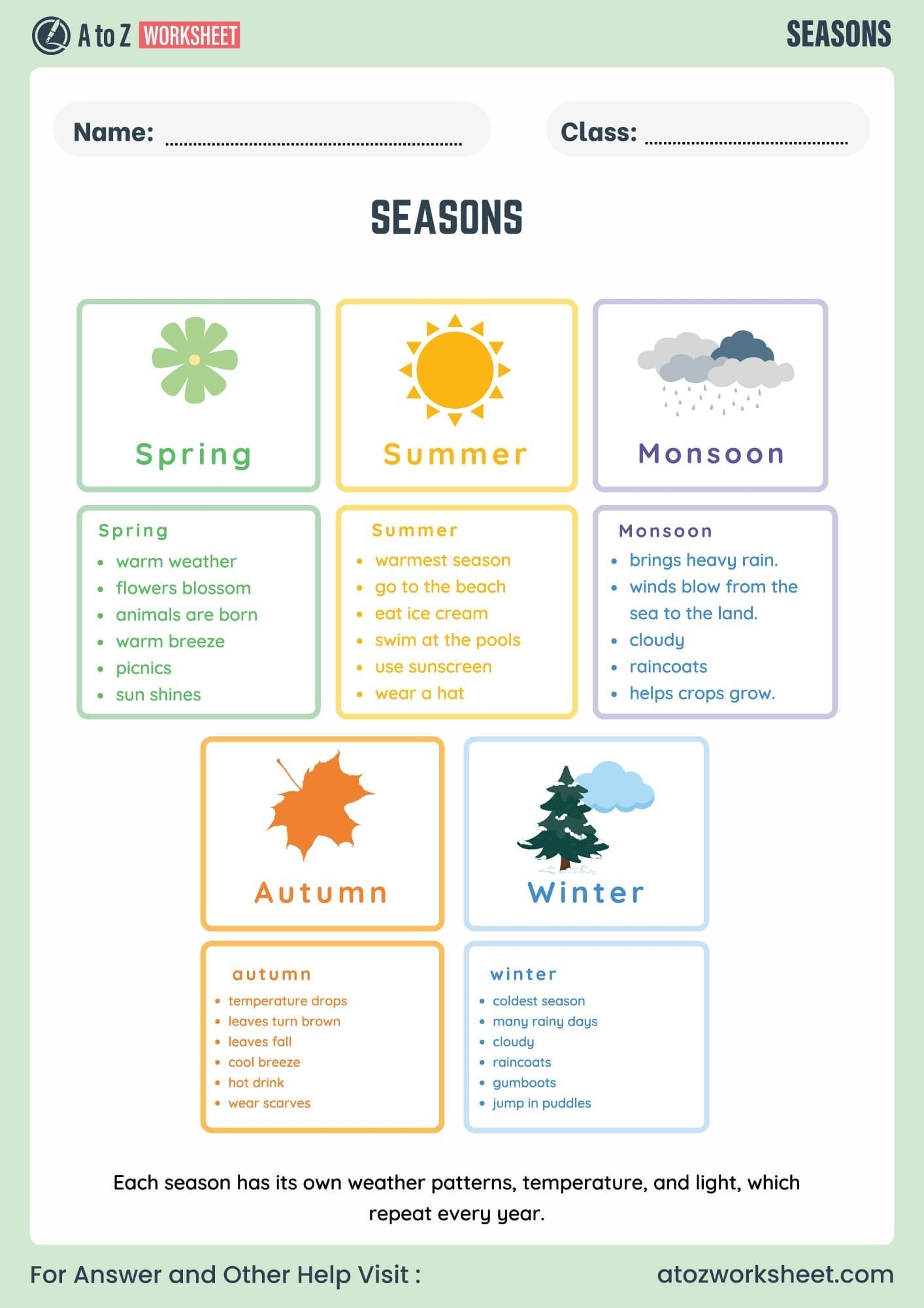 Free Seasons Worksheet PDF For Nursery LKG UKG And Kindergarten Kids A To Z Worksheet