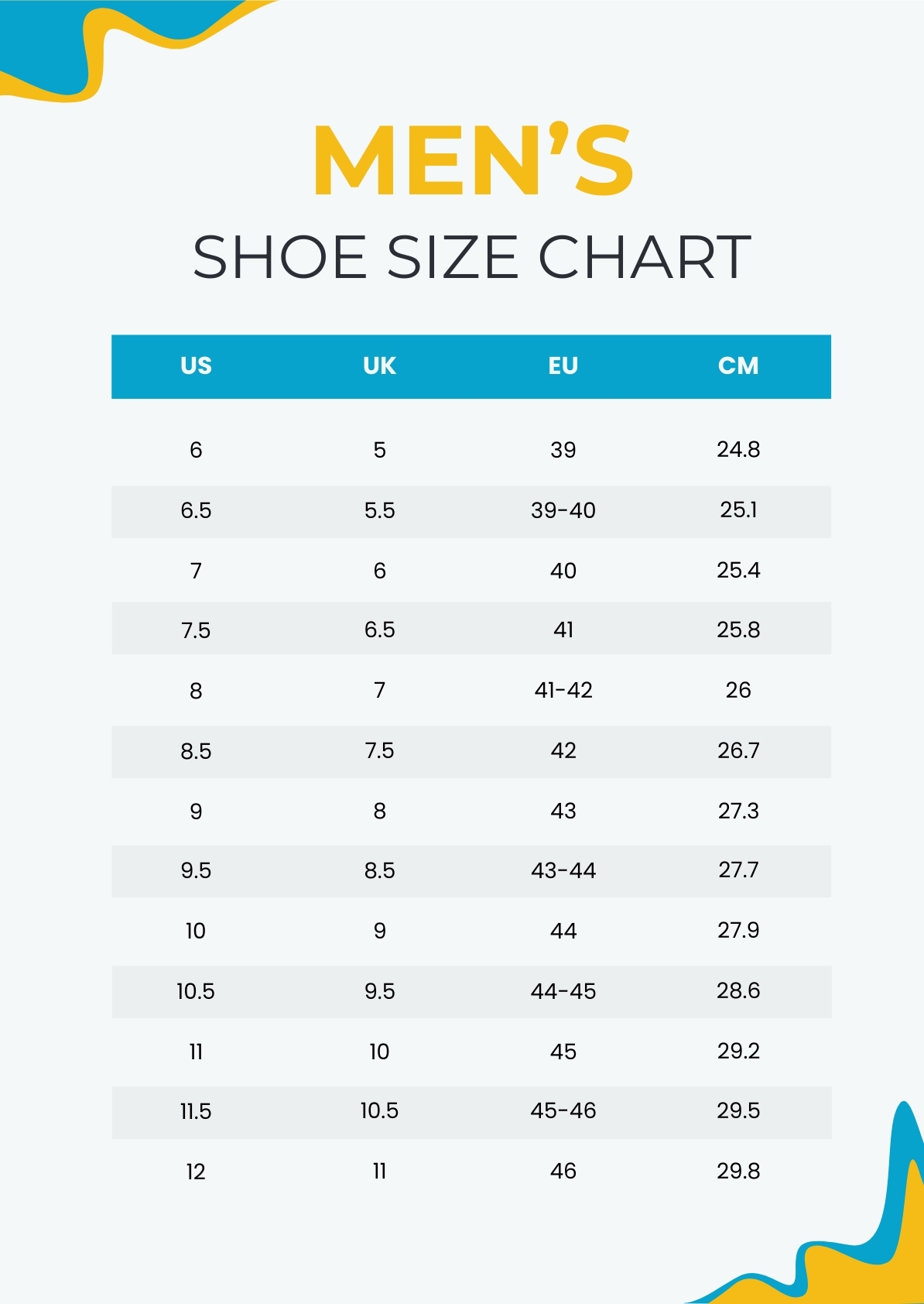 Free Shoe Size Chart Templates Editable And Printable