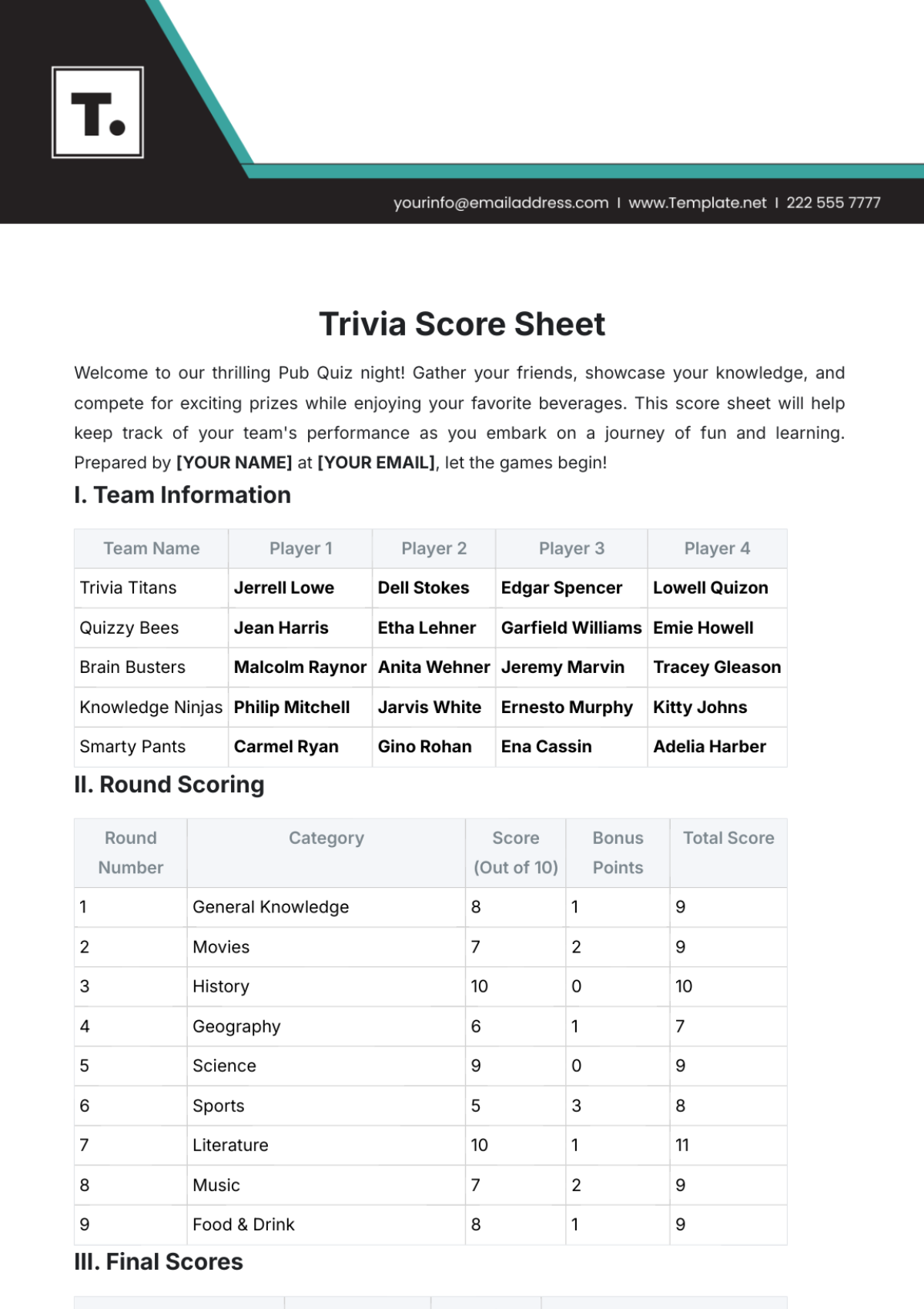 Free Trivia Score Sheet Template To Edit Online