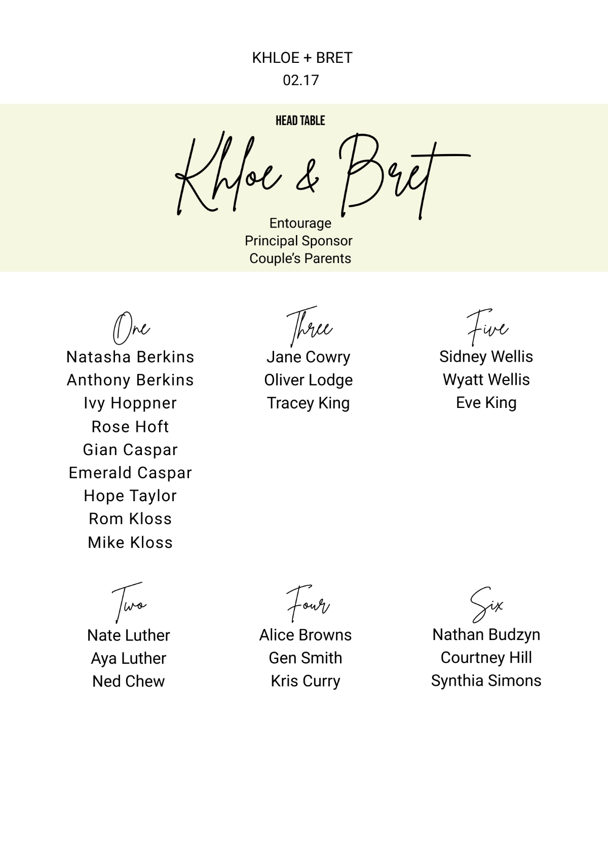 Free Printable Wedding Table Seating Chart