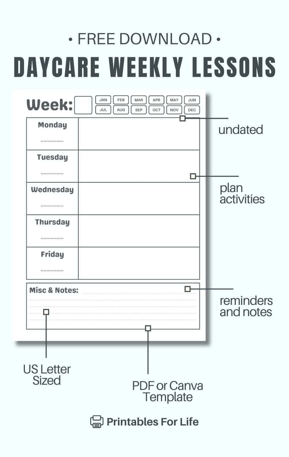 Free Weekly Daycare Lesson Plan Template Printable