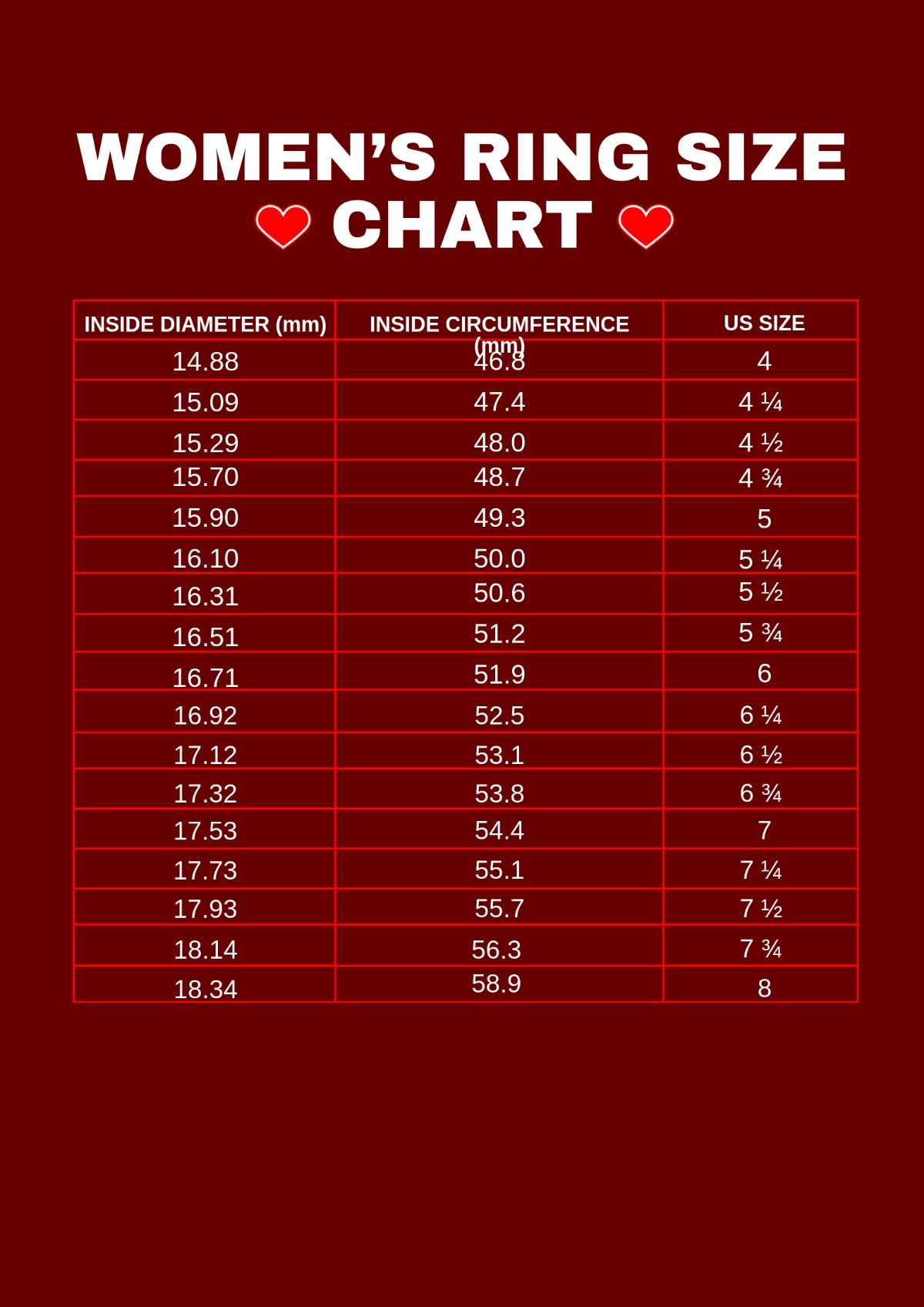 Womens Ring Size Chart Printable Womens Ring Size Chart Printable