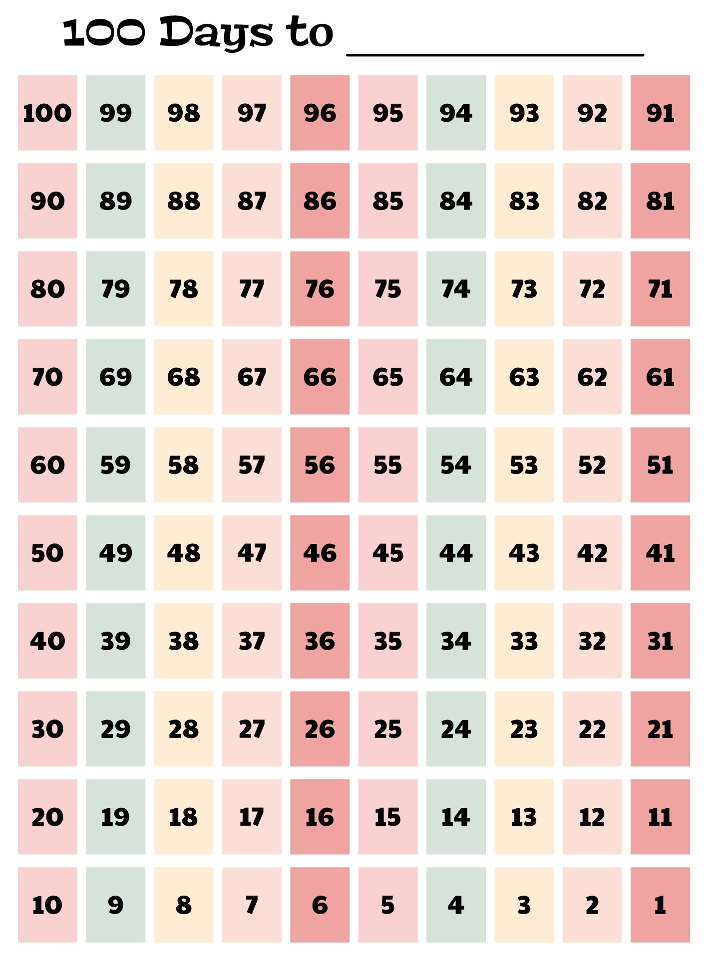 100 Day Countdown Chart Free Printable
