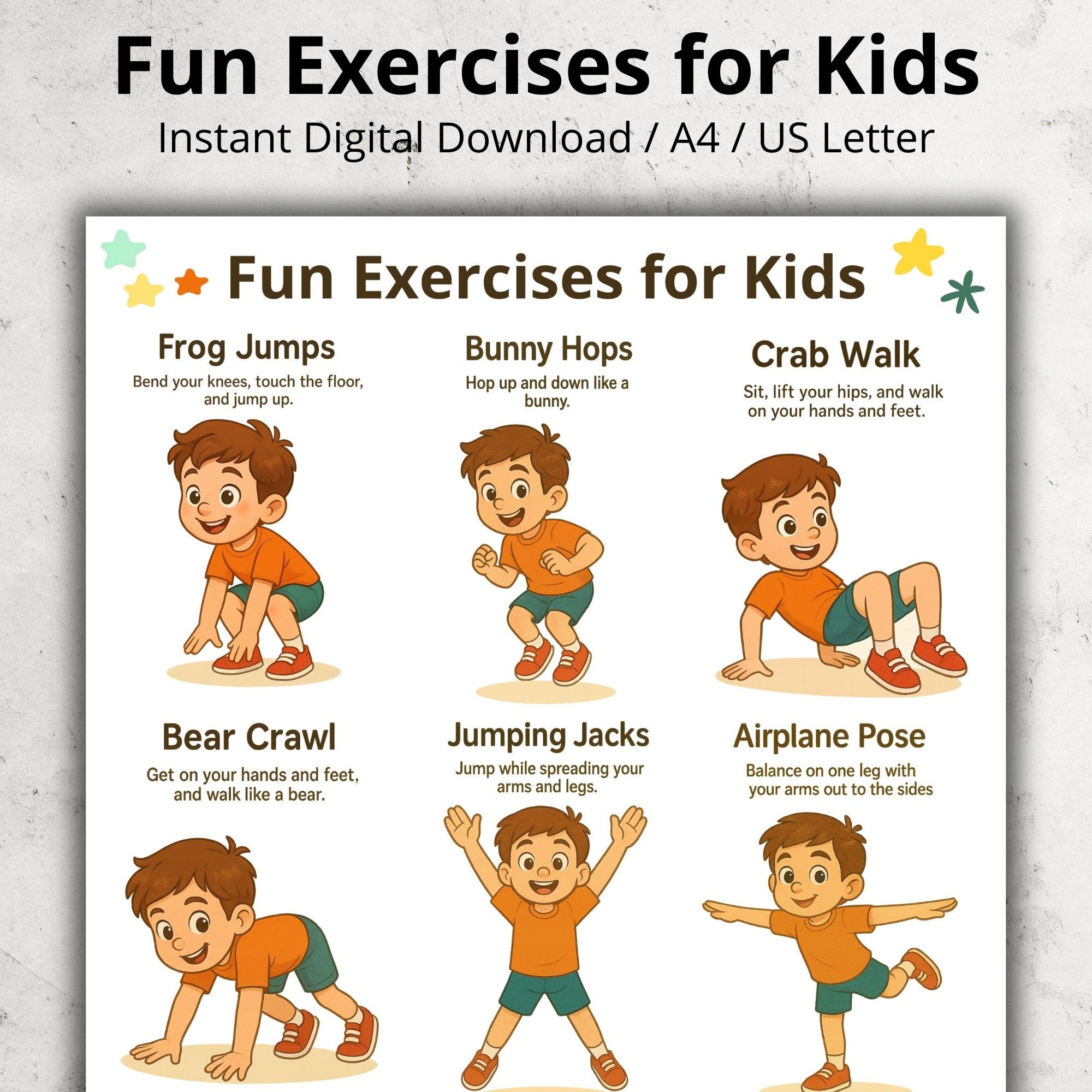 Fun Kids Exercise Chart Printable Fun Workout Poster For Children Indoor Physical Activity Fitness Wall Art PDF Fun Kids Activities Etsy Canada