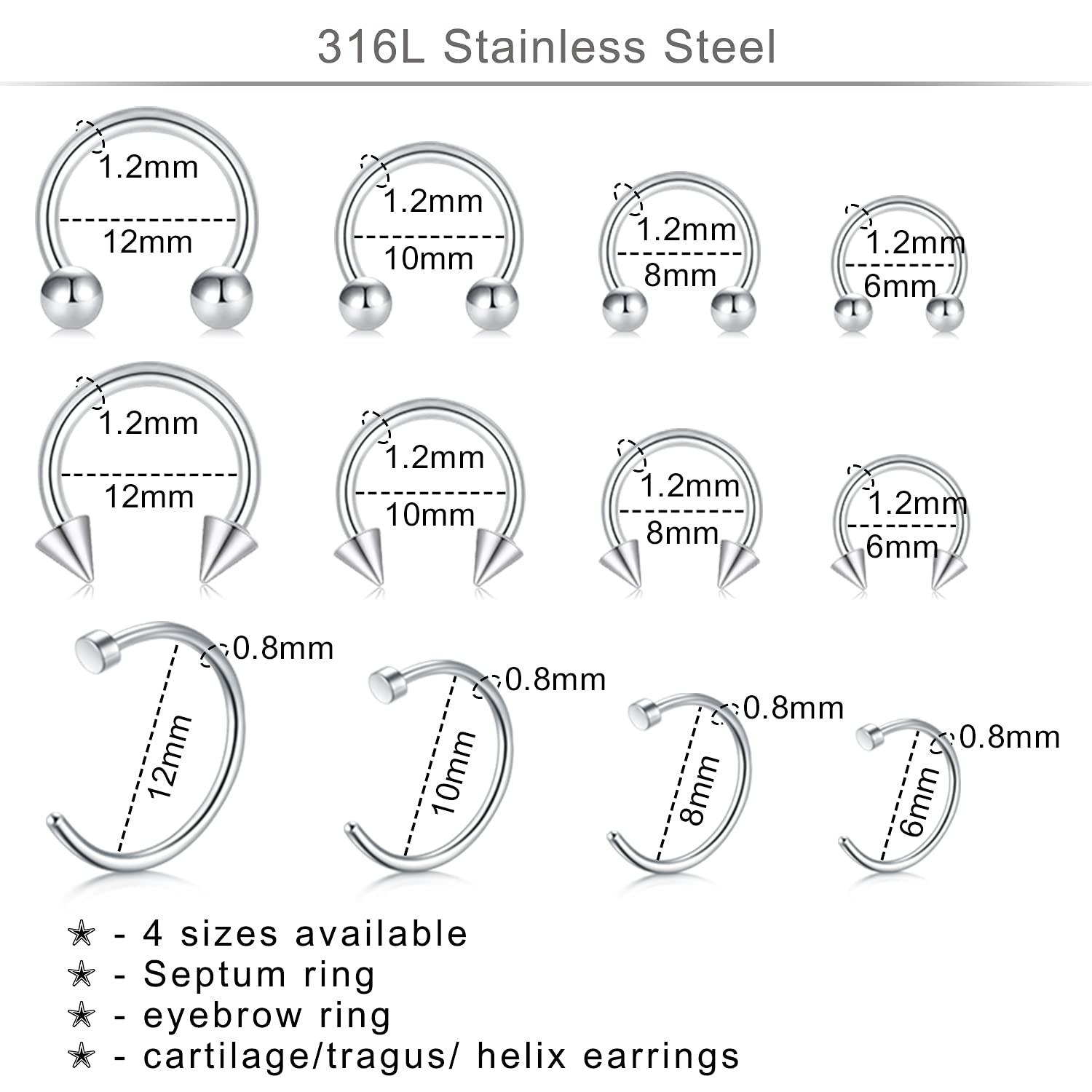 Daith Piercing Jewelry Printable Size Chart