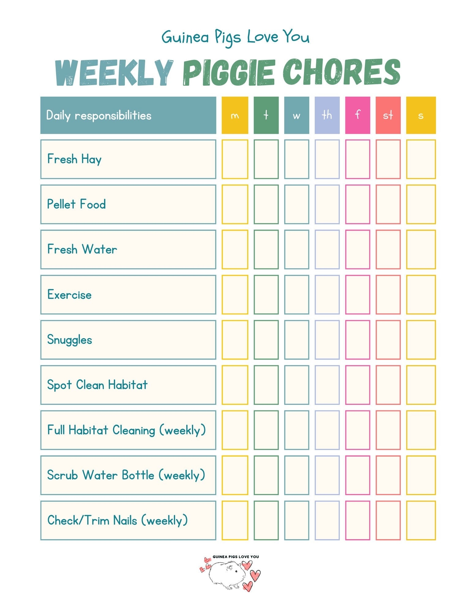 Printable Guinea Pig Care Chart