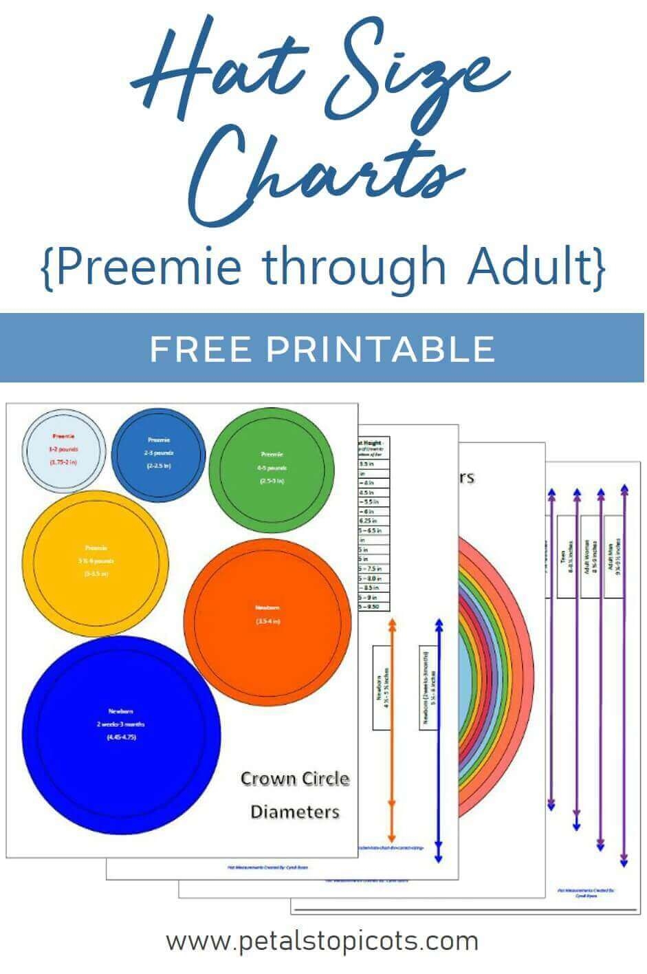 Hat Size Chart For Preemie Through Adult Free Printable Petals To Picots