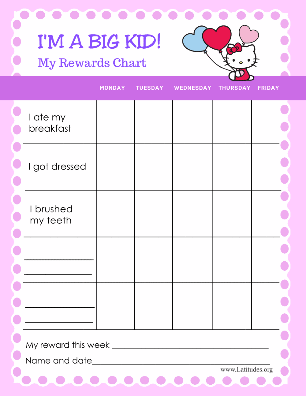 Hello Kitty I m A Big Kid Reward Chart Fillable ACN Latitudes