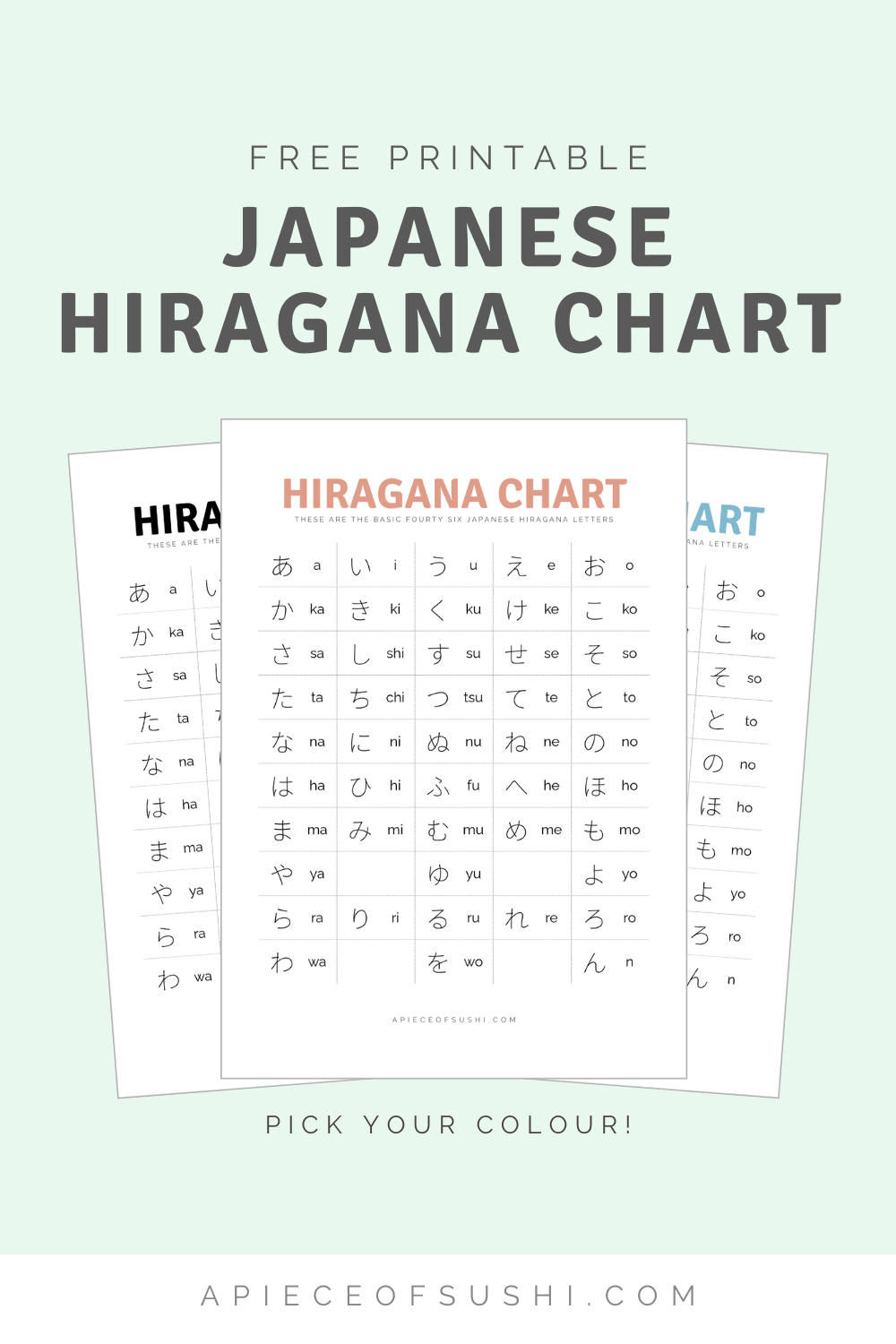 Hiragana Chart Free Download Printable PDF With 3 Different Colours A PIECE OF SUSHI