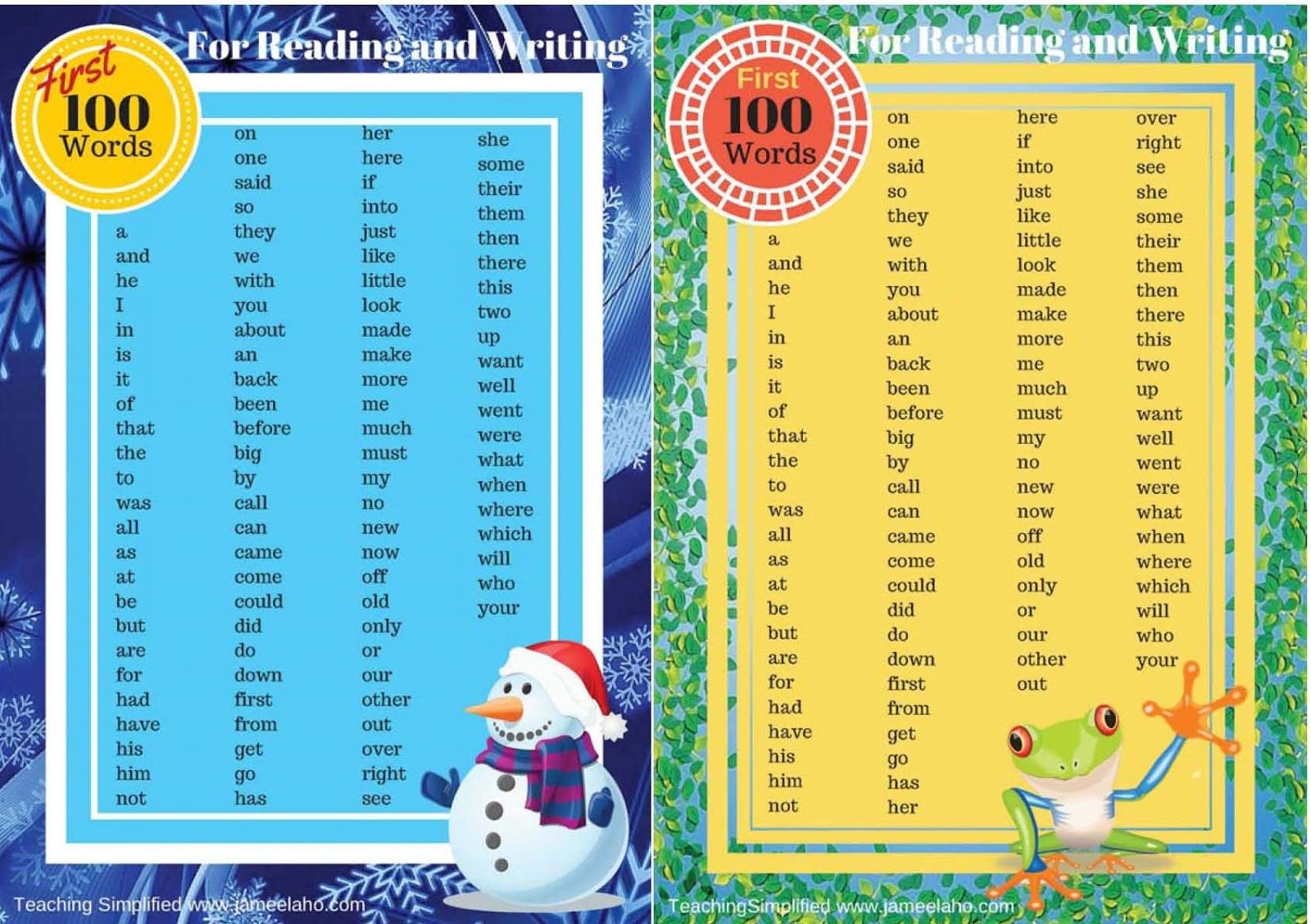 ILMA Education Printable Chart Of The First 100 Words For Reading And Writing