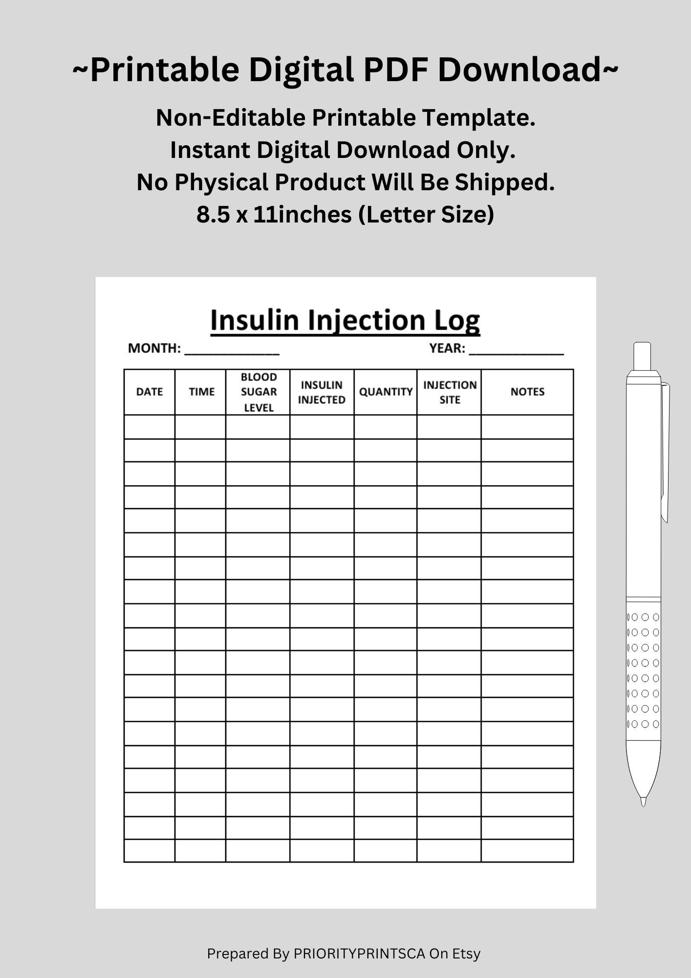 Insulin Injection Log Health Care Printable US Letter Size Digital Download Etsy Norway