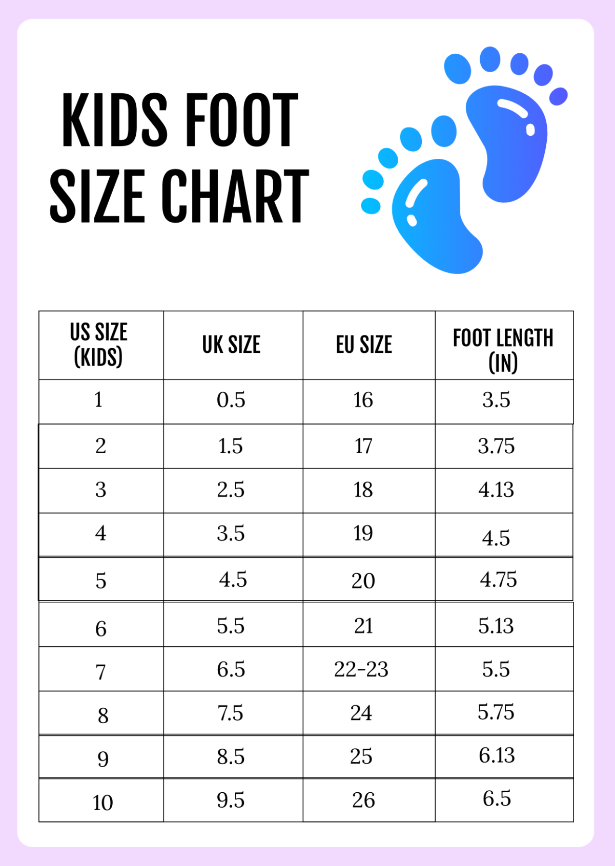 Kid Shoe Size Printable Chart