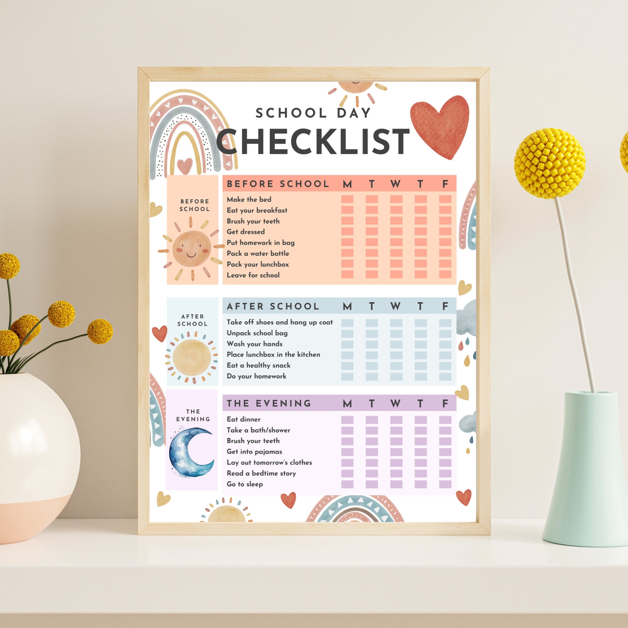 Kids School Day Checklist Watercolor Rainbow Printable PDF Etsy