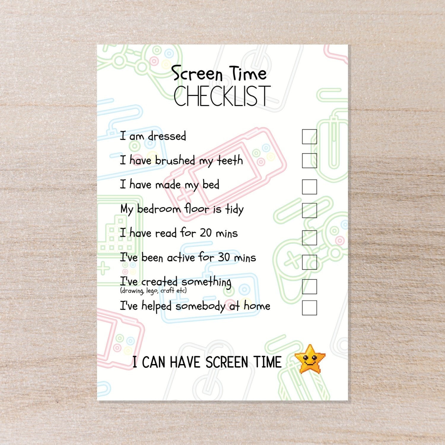 Kids Screen Time Checklist Printable Reward Chart PDF Etsy