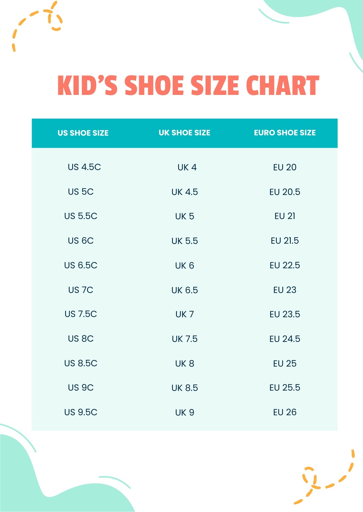 Kids Shoe Size Chart In Illustrator PDF Download Template Kids Shoe Size Chart In Illustrator PDF Download Template