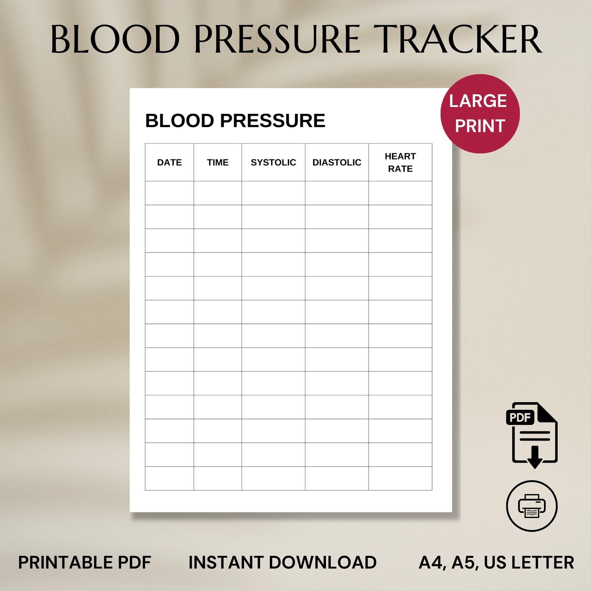 Large Print Blood Pressure Tracker Simple Layout For Elderly Senior friendly BP Log Printable A5 A4 US Letter Digital Download PDF Etsy