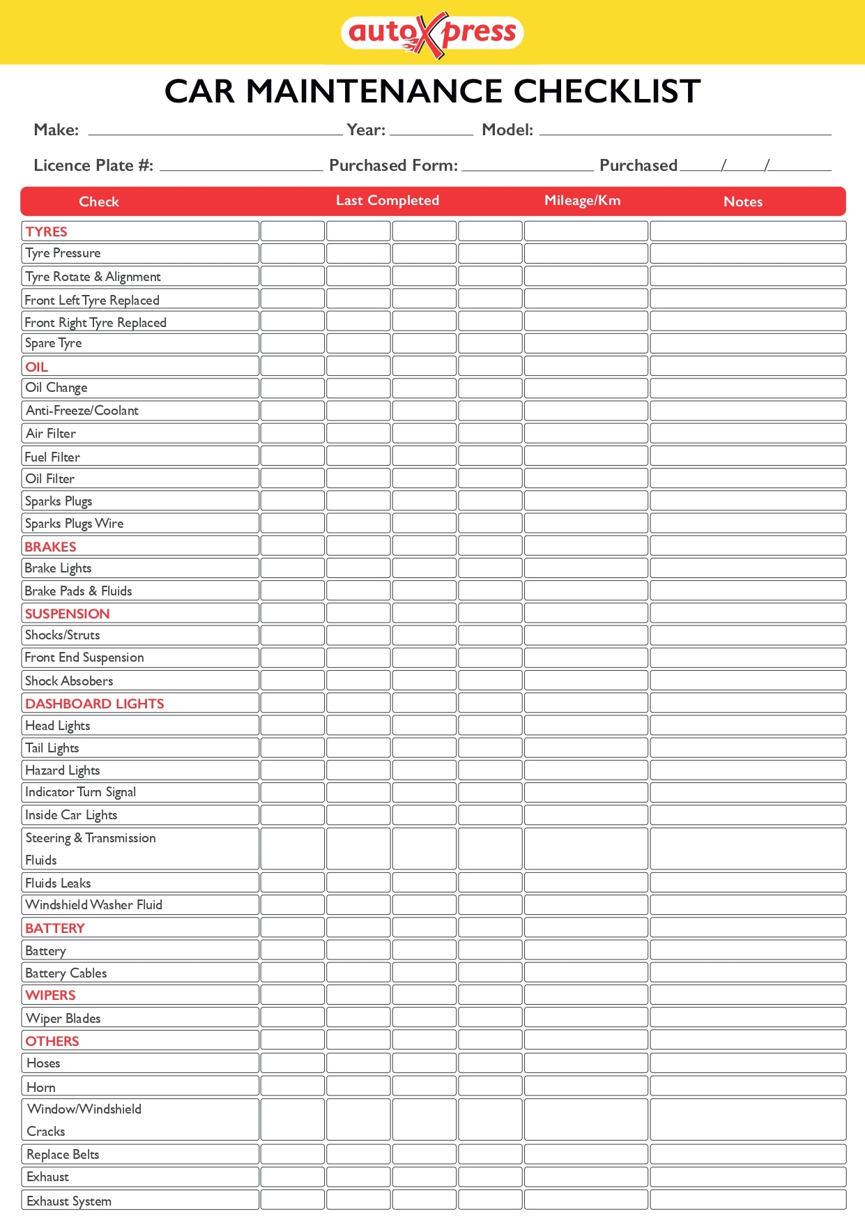 Printable Car Maintenance Schedule Chart Printable Car Maintenance Schedule Chart