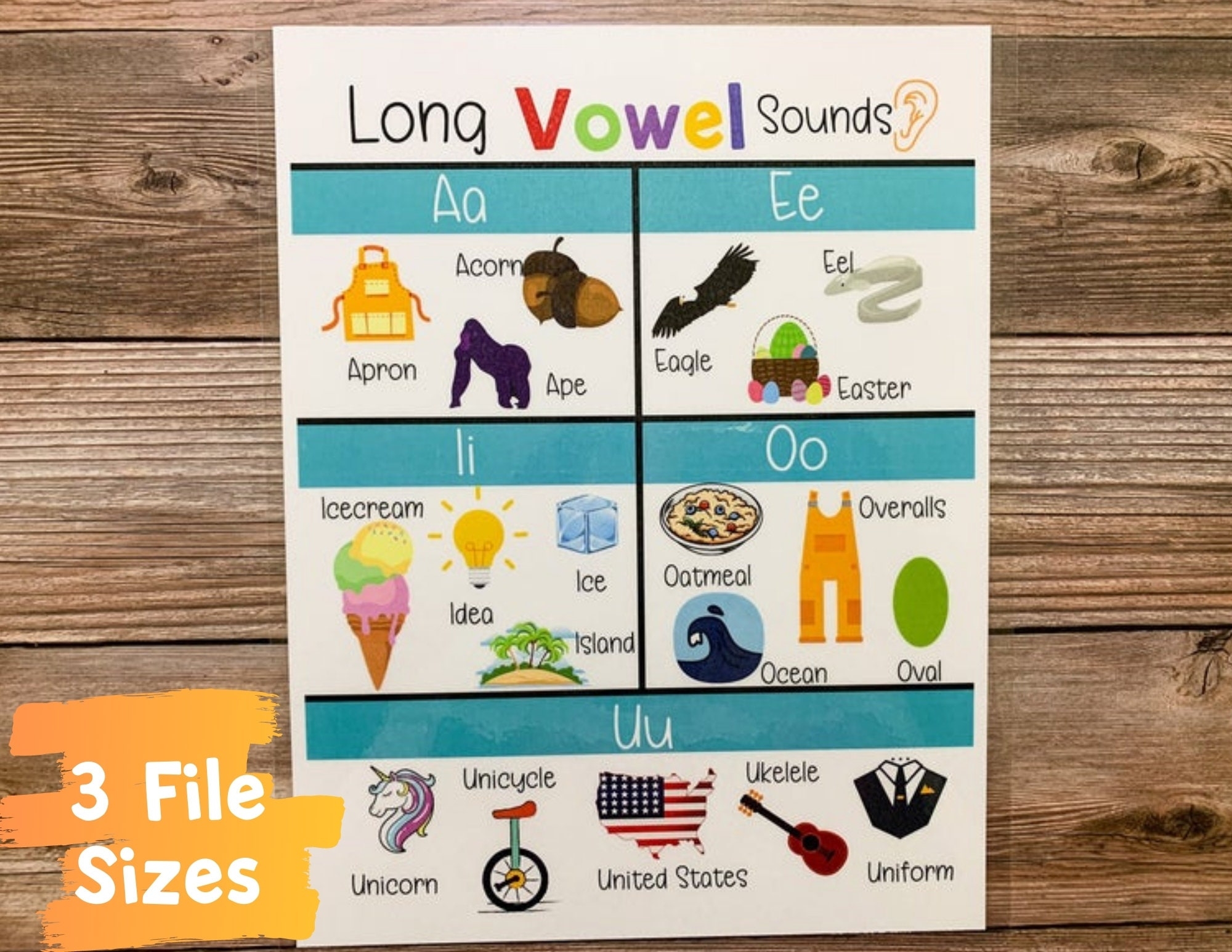 Long Vowel Sounds Vowel Chart Educational Poster Long Vowel Words Homeschool Classroom Art Long Vowel Word List 3 File Sizes Etsy