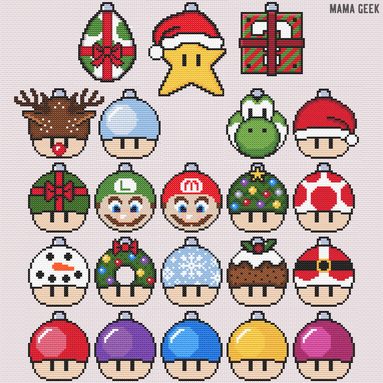 Mario Christmas Baubles Free Printable Cross Stitch Patterns Mama Geek